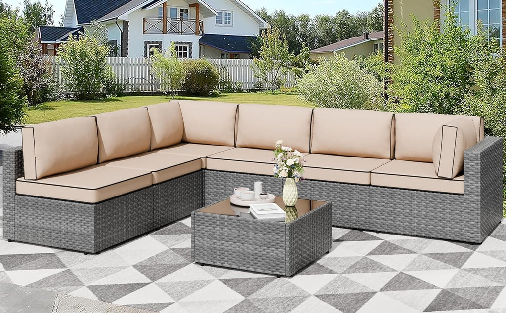 Shintenchi 7 Pieces Outdoor Patio Furniture Sets, Patio Sectional Sofa Couch, Gray PE Wicker Furniture Modular Patio Conversation Sets Patio Sofa with Washable Cushions, Gray/Khaki