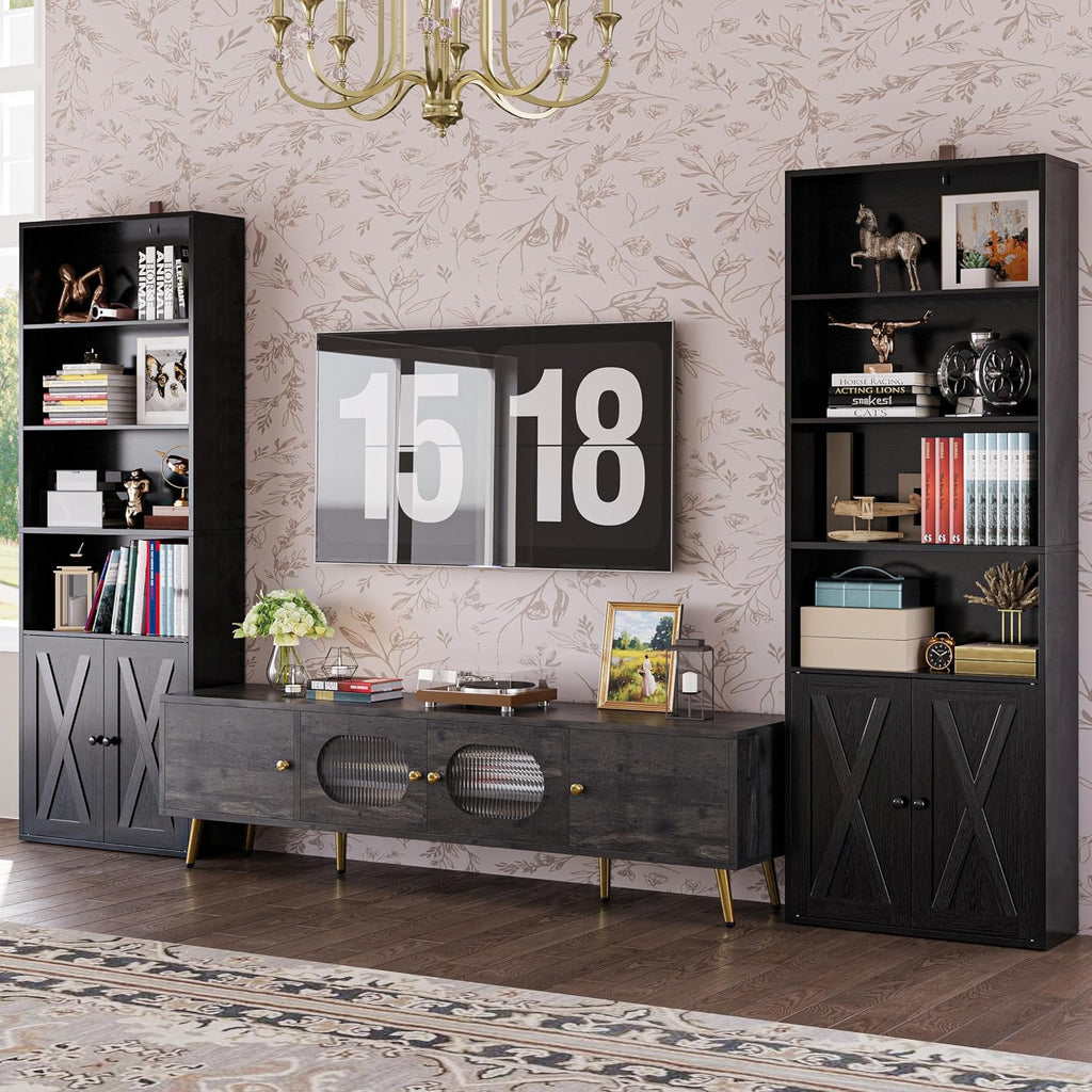 IRONCK Industrial Bookshelves and Bookcases with Doors Set of 2 Floor Standing 6 Shelf Display Storage Shelves 70 in Tall Bookcase for Home Office, Living Room