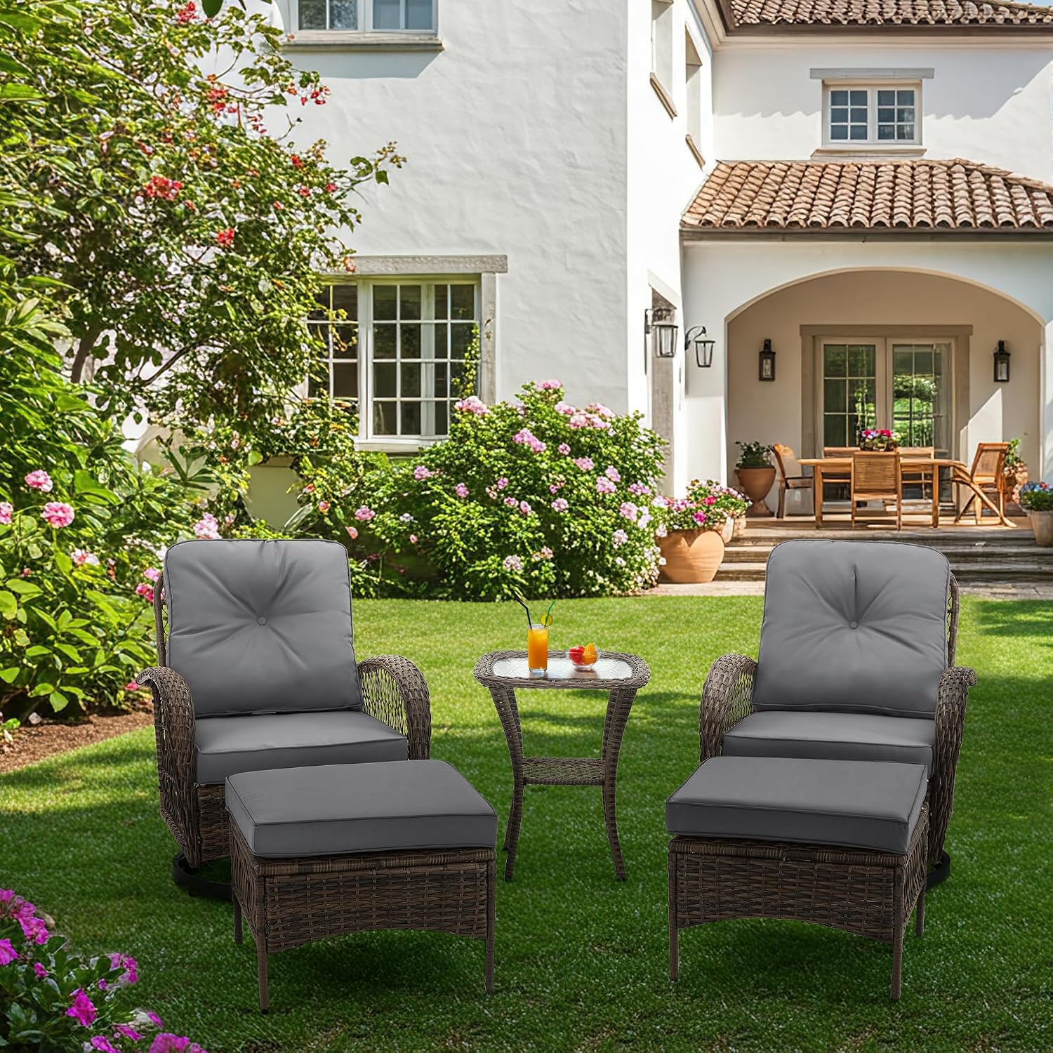 EROMMY 5 Pieces Outdoor Swivel Rocker Patio Chairs, 360 Degree Rocking Patio Conversation Set with Thickened Cushions, Glass Coffee Table and Ottomans for Backyard, Gray