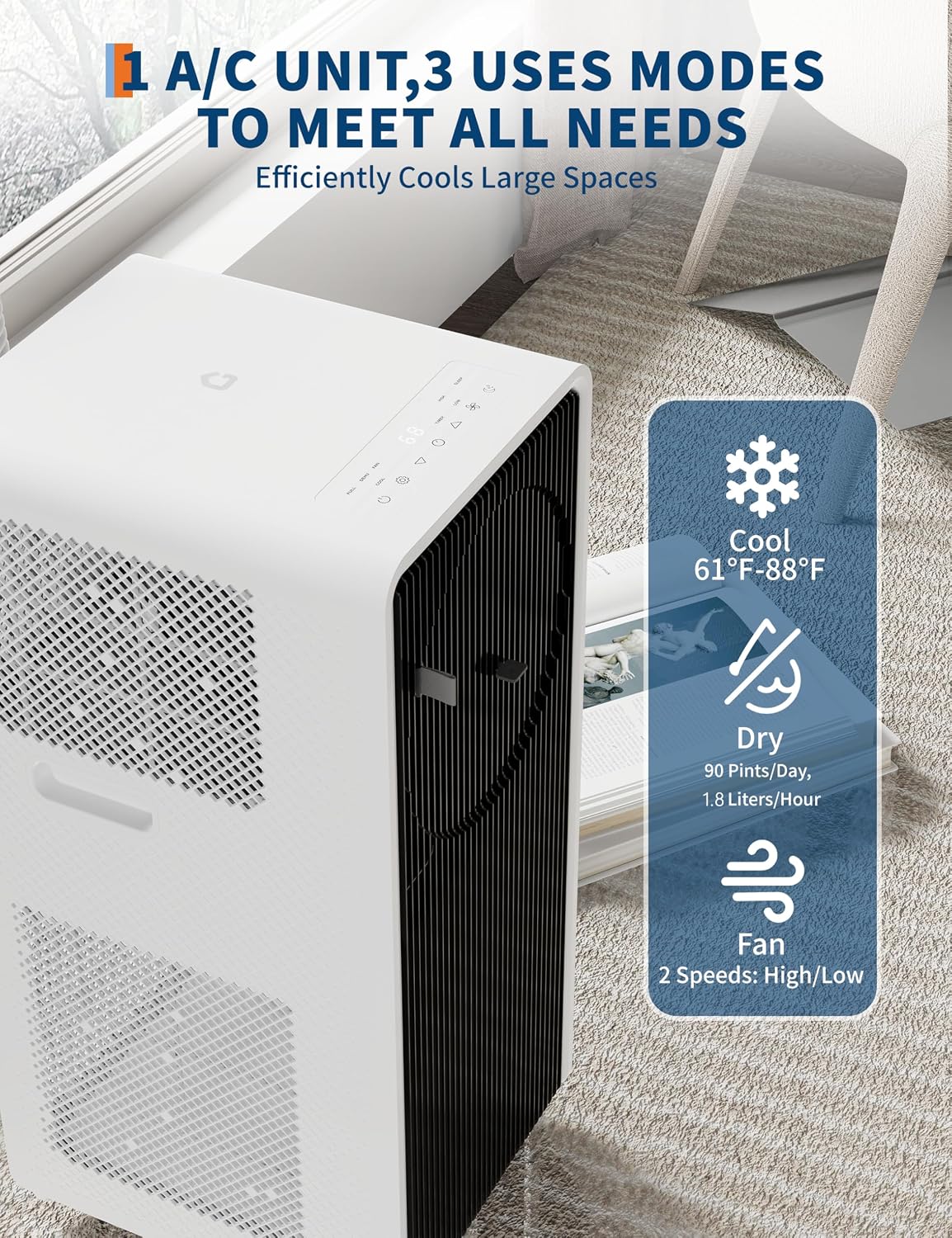GarveeTech 14,000 BTU Drainage-free Portable Air Conditioner for Indoor Rooms, 3 in-1 AC Unit for Bedroom 225-300 Sq.Ft, Dehumidifier, Fan, Sleep Mode, 24 Timer, Remote Control, Window Kits, Black