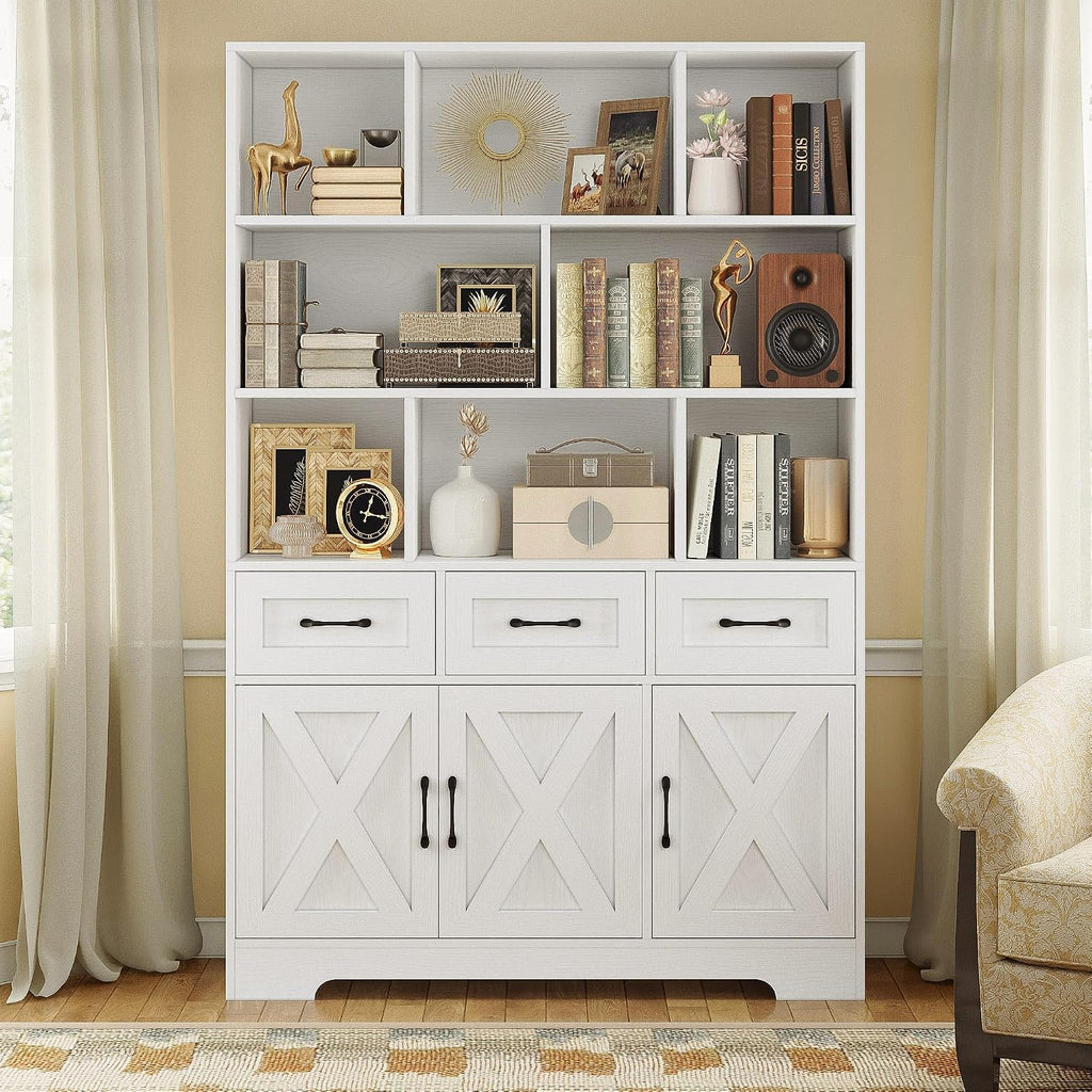 IRONCK Bookshelf with Drawers & Doors, Tall Bookshelf with Storage, Bookcase with Cabinets for Home Office, Living Room, White