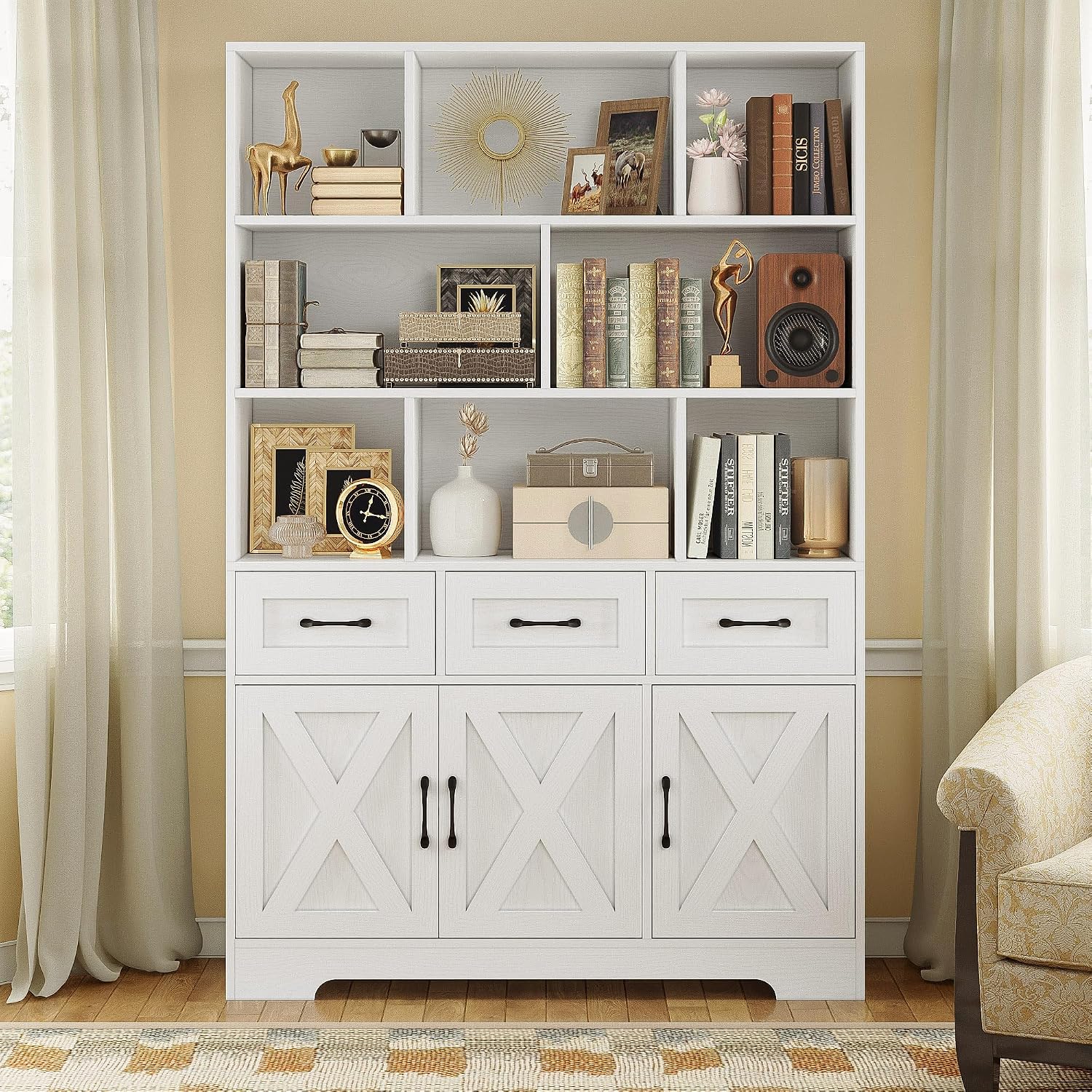 IRONCK Bookshelf with Drawers & Doors, Tall Bookshelf with Storage, Bookcase with Cabinets for Home Office, Living Room, White