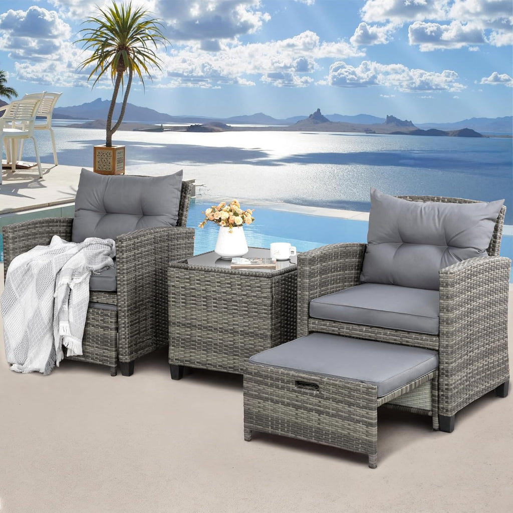 Shintenchi 5 Pieces Patio Furniture Set, Outdoor Wicker Patio Conversation Set with Ottoman, All Weather Rattan Outside Chairs with Coffee Table & Cushion for Porch, Garden, Backyard, Gray