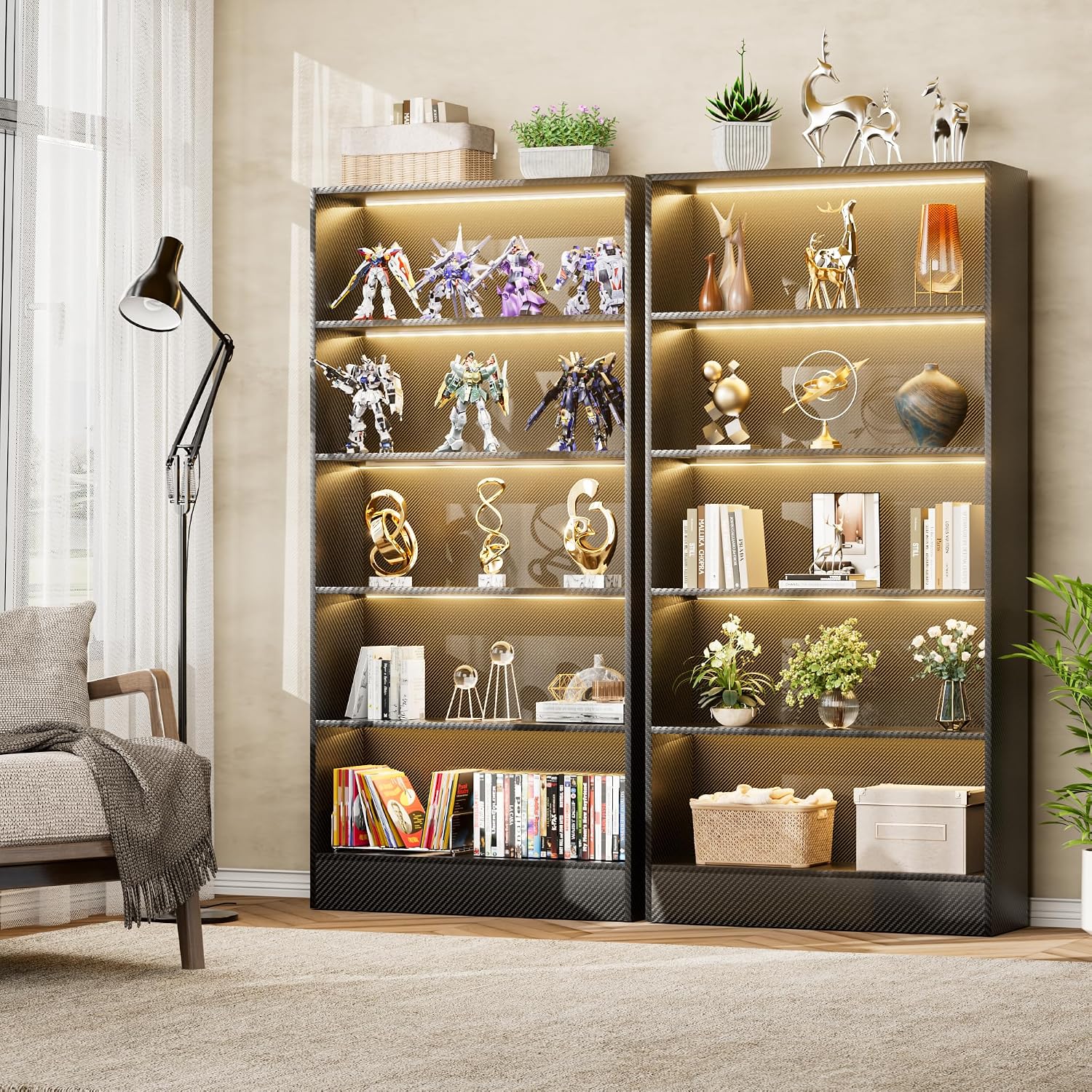 CODACE Tall Wooden Black Bookshelf - Book Shelf with LED Lights, Lighted Display Shelf with 5-Tier Shelves, Large Display Bookshelves for Collectibles, Modern Bookcase for Living Room, Bedroom, Office