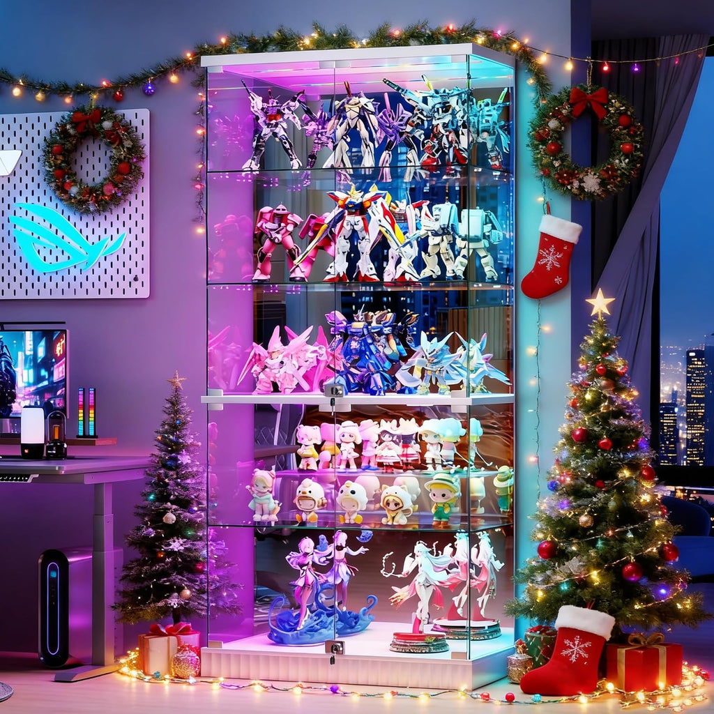 HNEBC 5 Tier Glass Display Cabinet, 66.9' Curio Cabinet with RBG Lights, Display Cases with Lockable and Human Body Sensor, Bookcases for Collectibles, Figurines, Books, Toys, White