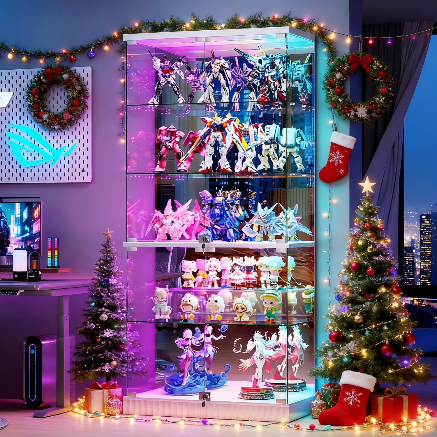 HNEBC 5 Tier Glass Display Cabinet, 66.9' Curio Cabinet with RBG Lights, Display Cases with Lockable and Human Body Sensor, Bookcases for Collectibles, Figurines, Books, Toys, White