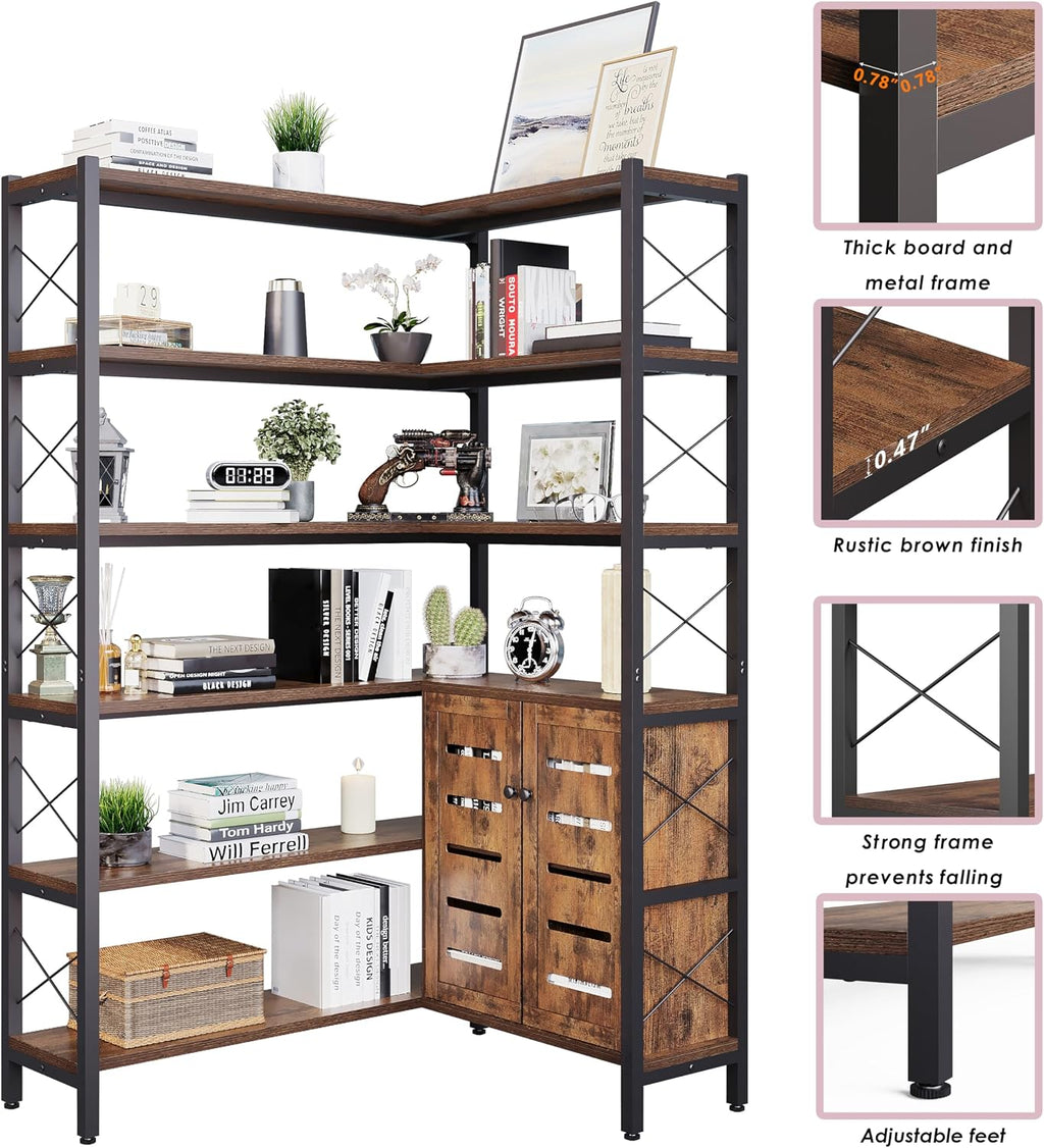 Wildhome 6-Shelf Corner Bookshelf, Vintage Industrial Corner Shelf Etagere Bookcase, Large Book Shelf with Metal Frame Open Storage Corner Cabinet (Brown-Lockers)