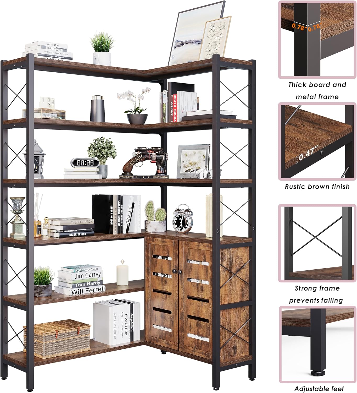 Wildhome 6-Shelf Corner Bookshelf, Vintage Industrial Corner Shelf Etagere Bookcase, Large Book Shelf with Metal Frame Open Storage Corner Cabinet (Brown-Lockers)