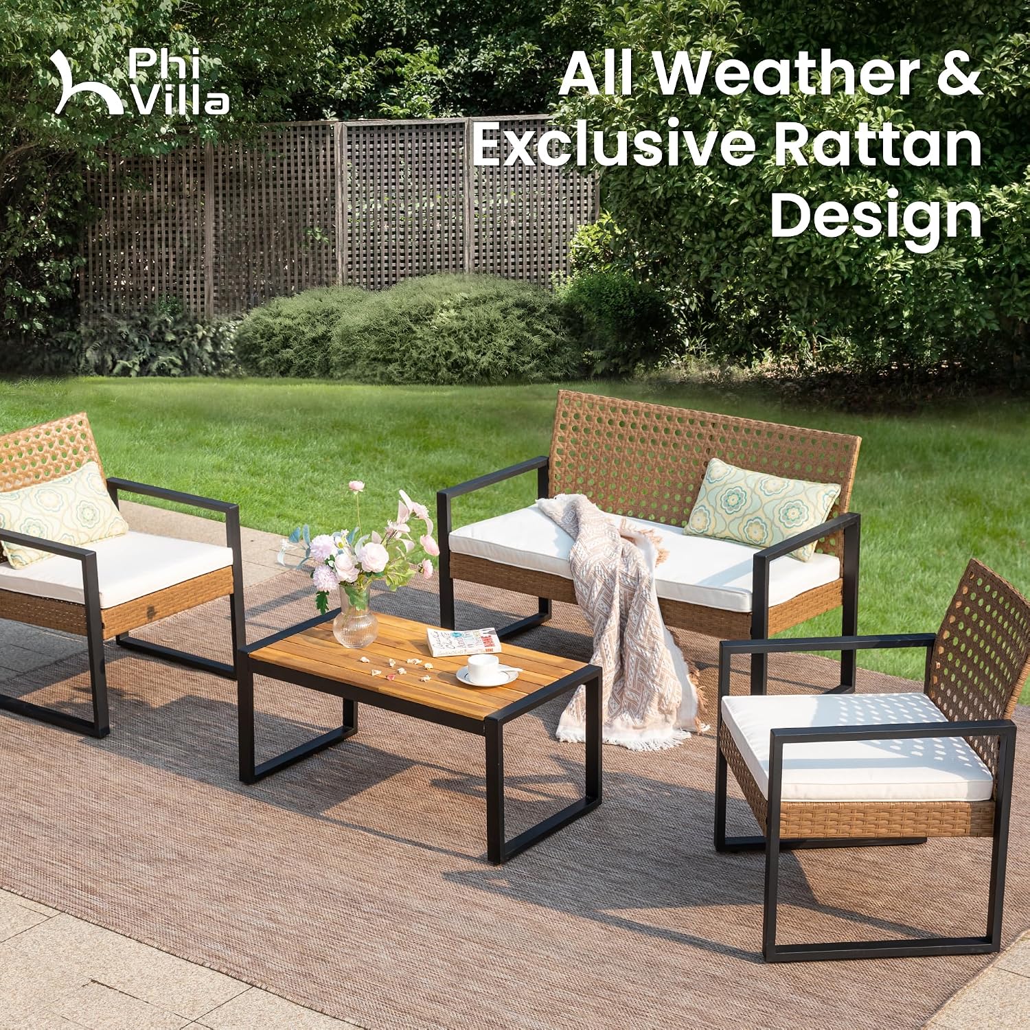 PHI VILLA Patio Wicker Furniture Set for 4, Brown Rattan Loveseat & Chairs with Beige Cushions & Acacia Wood Coffee Table, Outdoor Conversation Sofa Set for Deck, Yard, Porch (Round Hole Back)