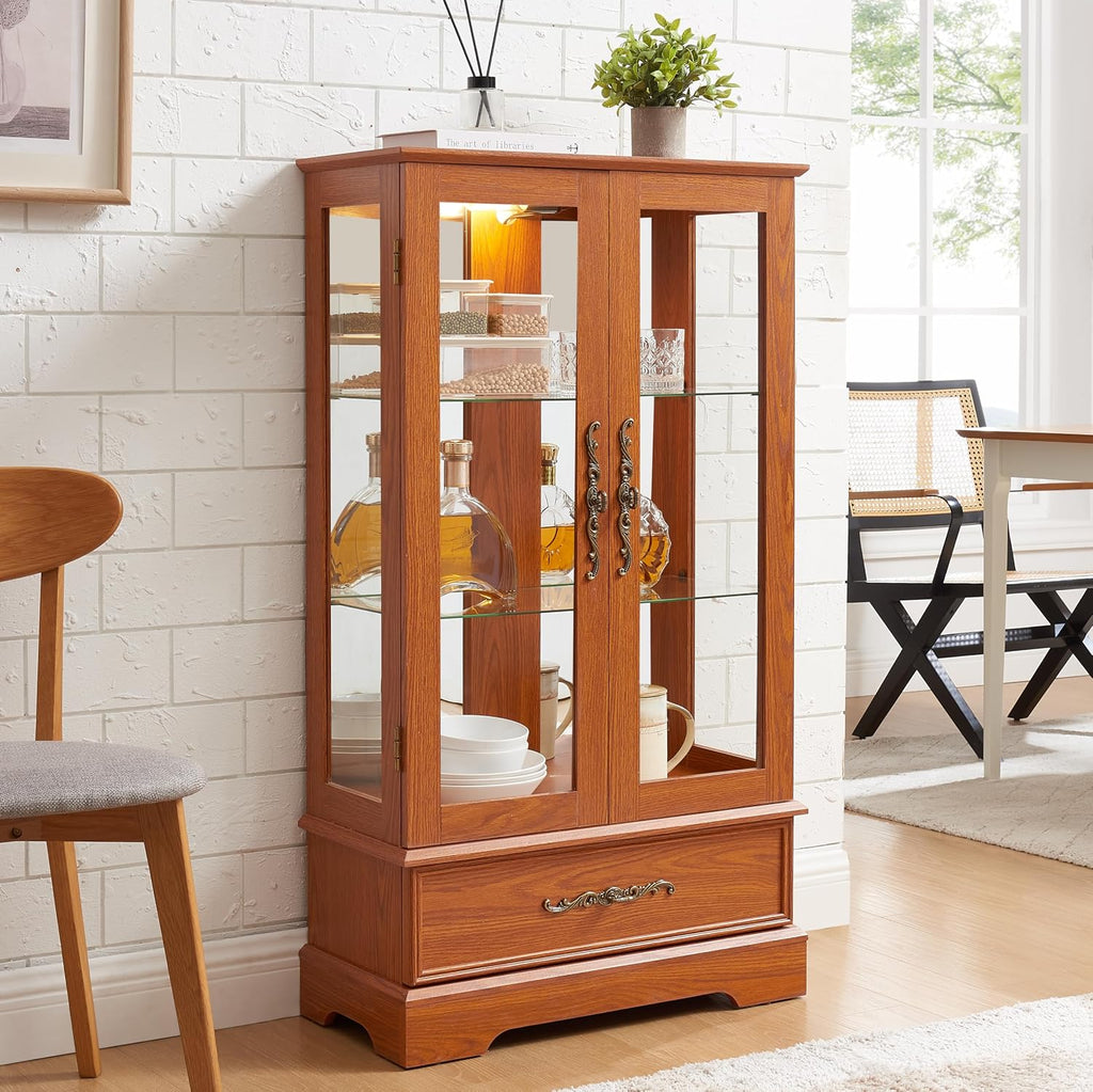 3-Tier Lighted Glass Curio Display Cabinet, 47' H Glass Accent Storage Cabinet with Adjustable Shelves & 1 Drawer, Wooden Wine Display Case with Mirrored Back Panel for Living Room(Dark Oak)
