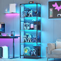 Saudism Glass Display Shelf for Collectibles, LED Black Shelf, Curio Cabinet, Lighted Tall Narrow Shelf with Pegboard Steel Frame for Gaming Room, Floor Lamp with Shelves, Living Room, Bedroom, Large