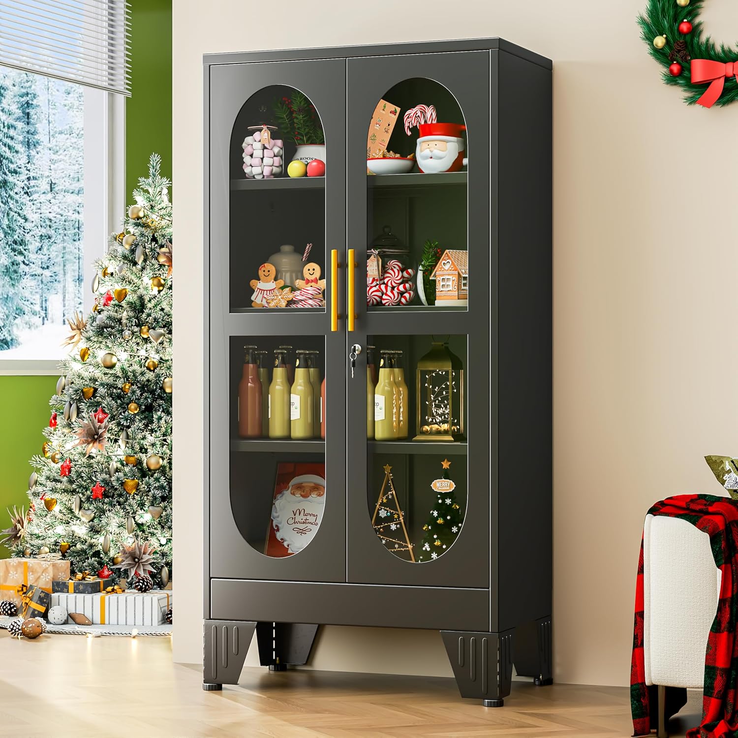 GAIOUS 47' Tall Metal Curio Cabinet, Display Storage Cabinet with Glass Door, 4 Tier Liquor Cabinet with 3 Adjustable Shelves, Locking Glass Display Case for Collectibles, Showcase Cabinets, Black
