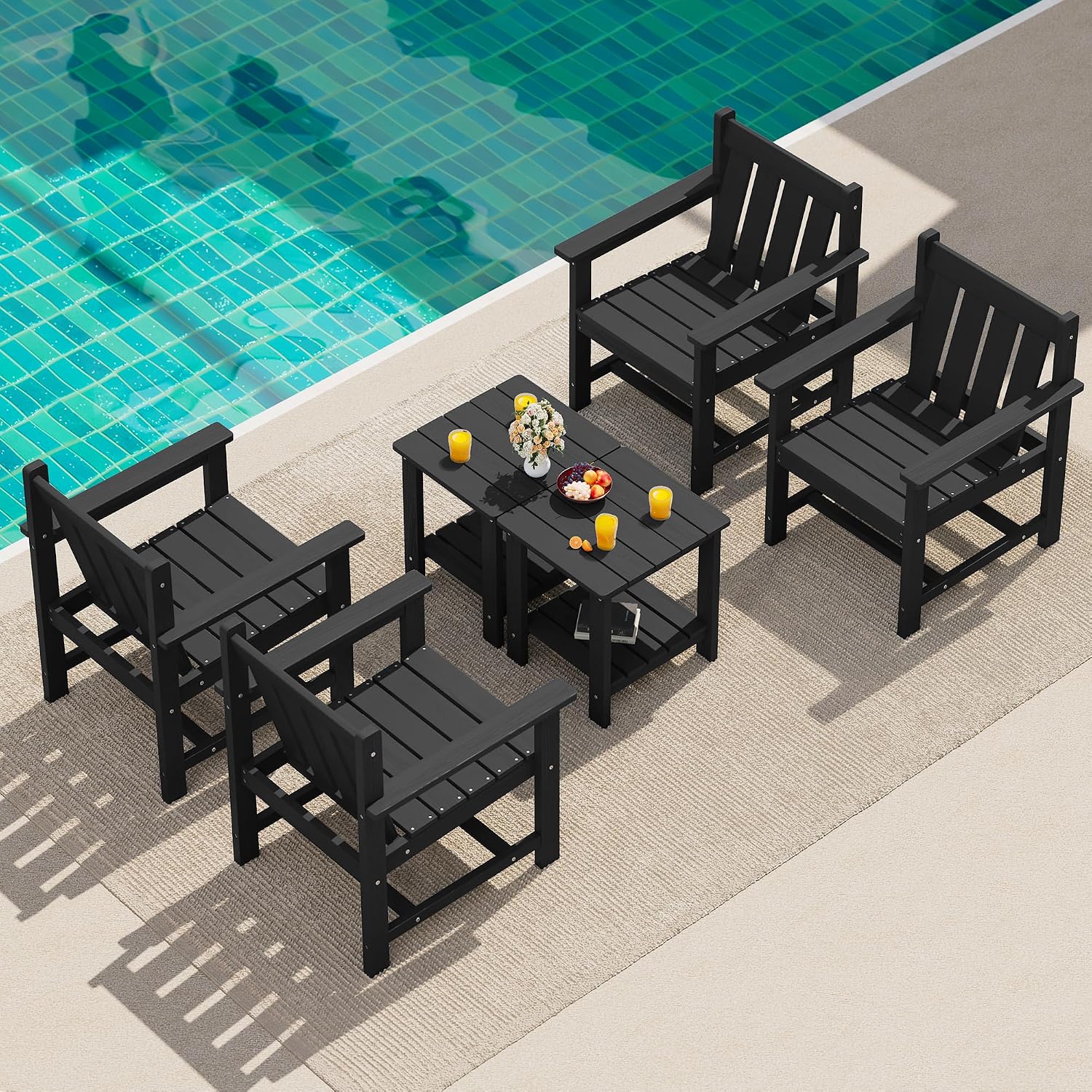 SEWRWALL 3 Pieces Patio Bistro Set, All Weather Adirondack Chair Set with Side Table, HDPE Material Outdoor Patio Furniture Set for Balcony, Porch, Garden, Backyard- Black
