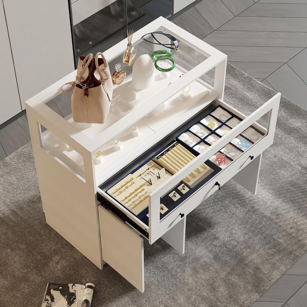 Lockable Glass Display Cabinet Closet Island, Glass Top Storage Cabinet for Retail, Collectibles Showcase with 3 Doors, Walk in Display Island for Retail Shop, Cloakroom, White