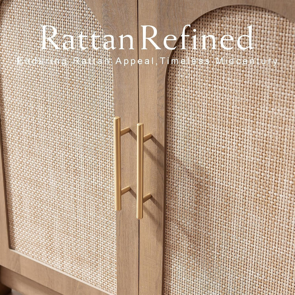 RowyPoey Rattan Arched Cabinet Bookshelf - 69.3' Tall Mid Century Display Cabinet, Rounded Bookcase with Rattan Doors, Open Shelf Storage for Dining Room (Caramel Oak, 1 PC)