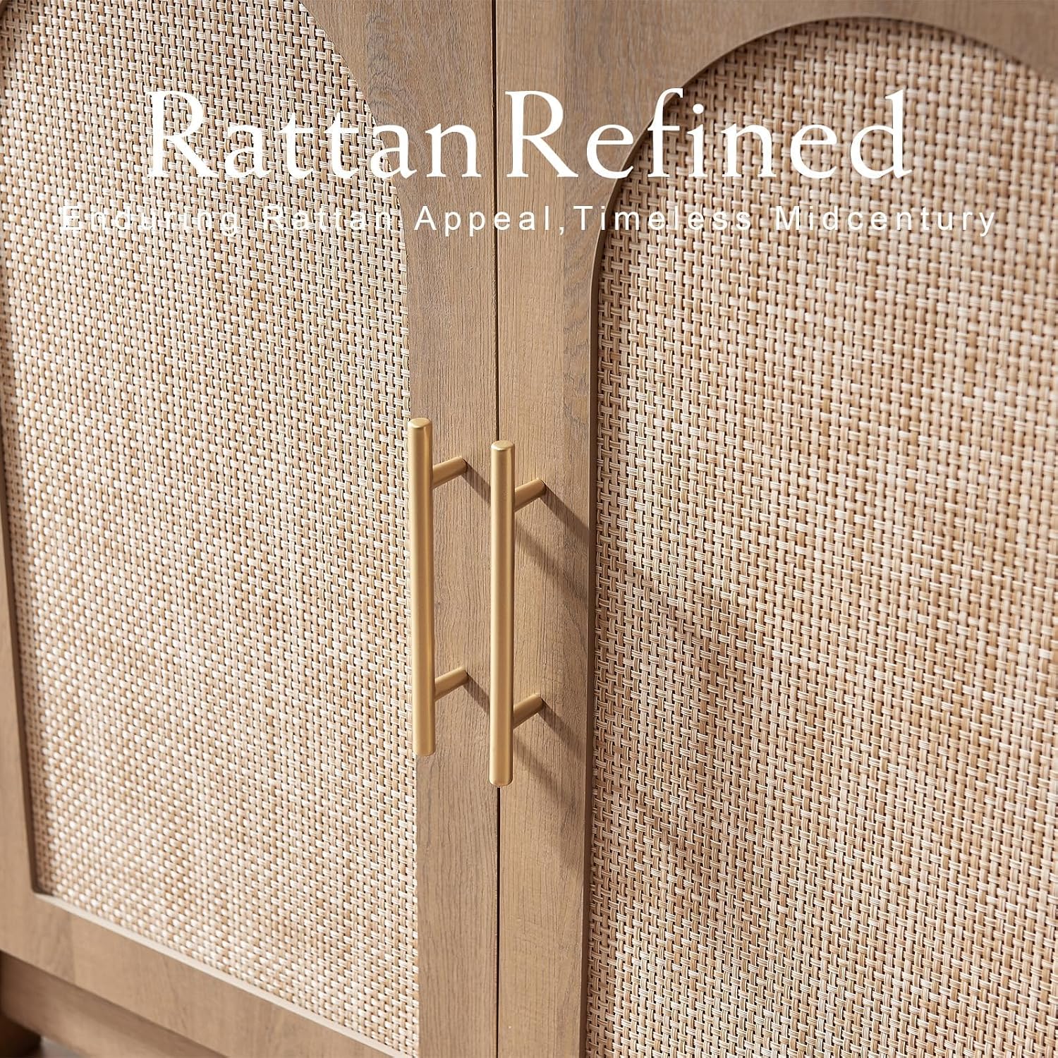 RowyPoey Rattan Arched Cabinet Bookshelf - 69.3' Tall Mid Century Display Cabinet, Rounded Bookcase with Rattan Doors, Open Shelf Storage for Dining Room (Caramel Oak, 1 PC)