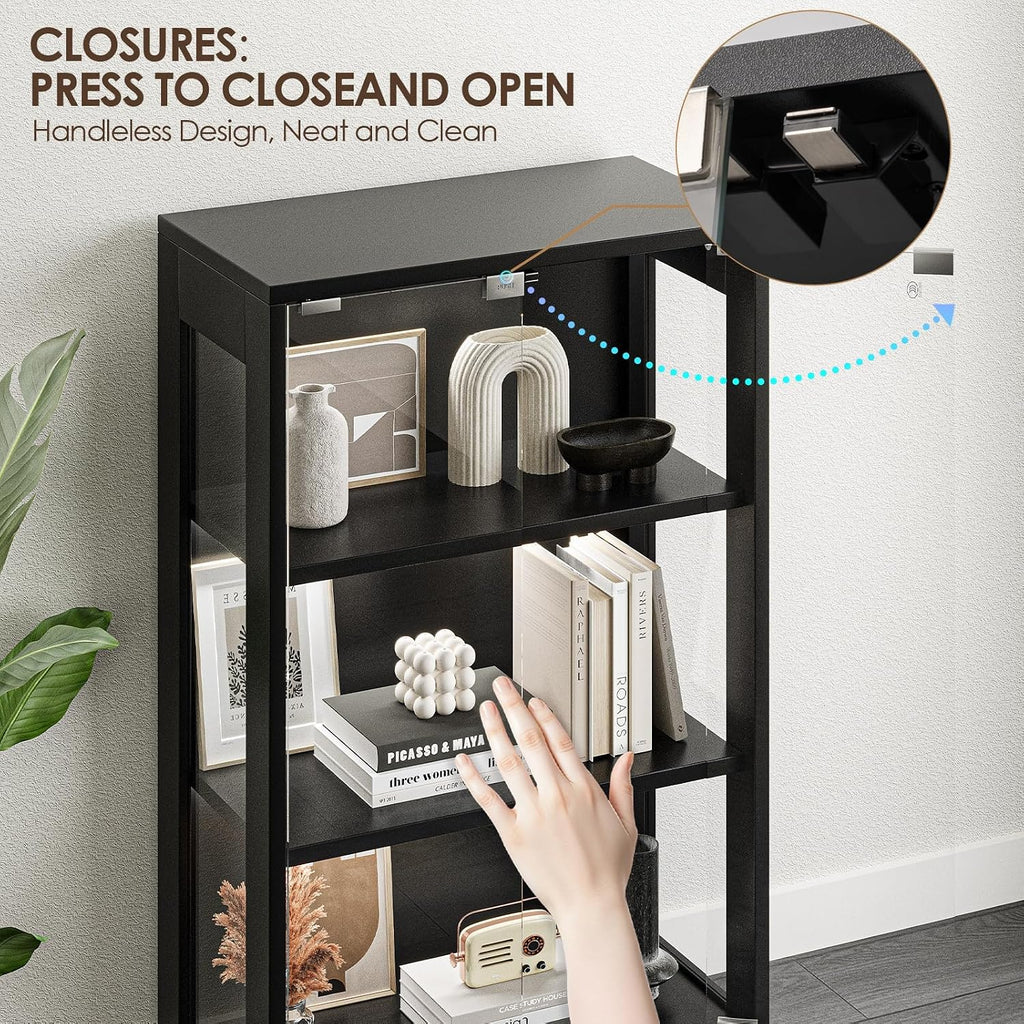 Airynee Display Cabinet with Glass Doors 4-Tier, 7 Vibrant Colors 3 Dynamic Lighting Modes, HD Glass Storage Cabinet with Human Body Sensor for Curio, Trophy, Collectibles (Black)