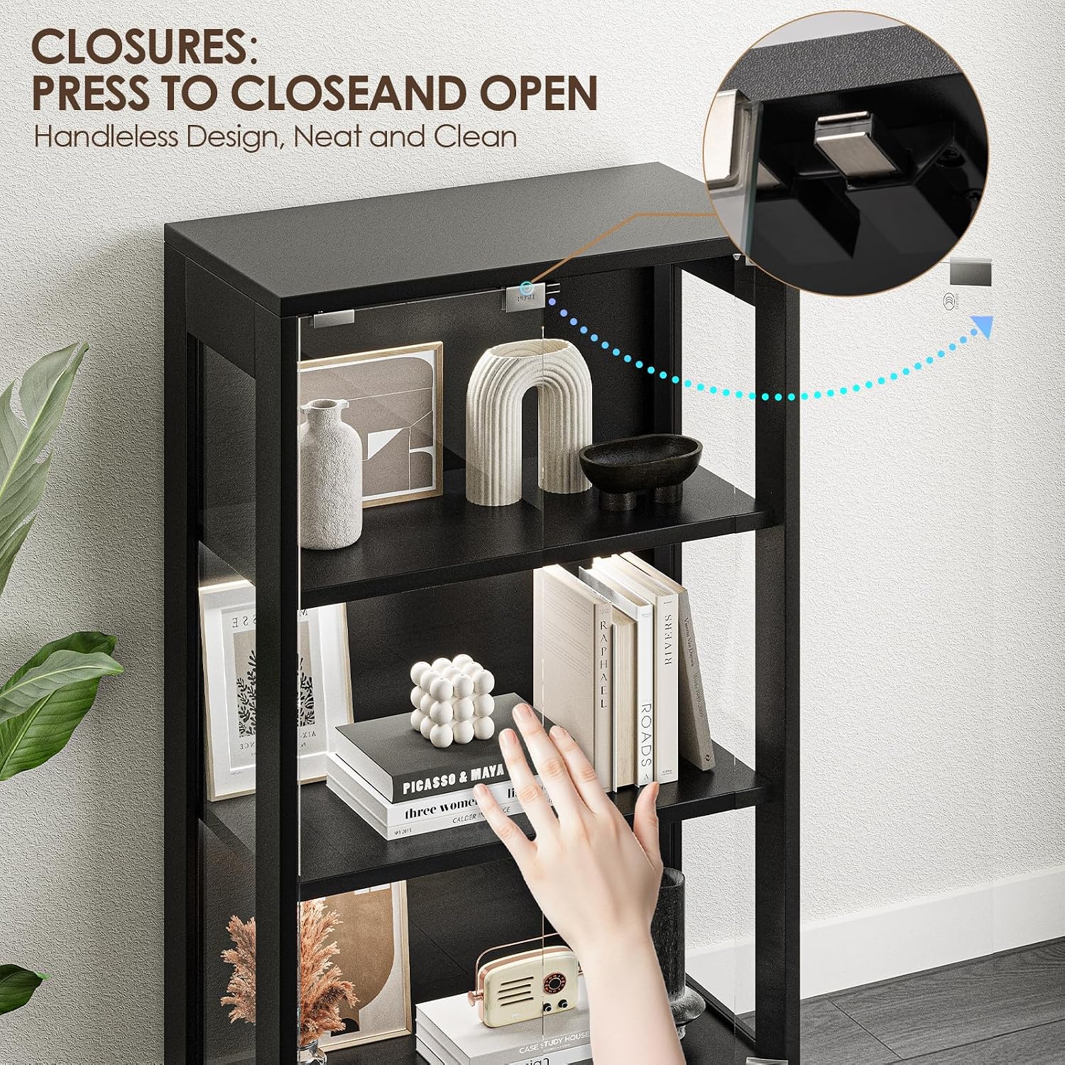 Airynee Display Cabinet with Glass Doors 4-Tier, 7 Vibrant Colors 3 Dynamic Lighting Modes, HD Glass Storage Cabinet with Human Body Sensor for Curio, Trophy, Collectibles (Black)