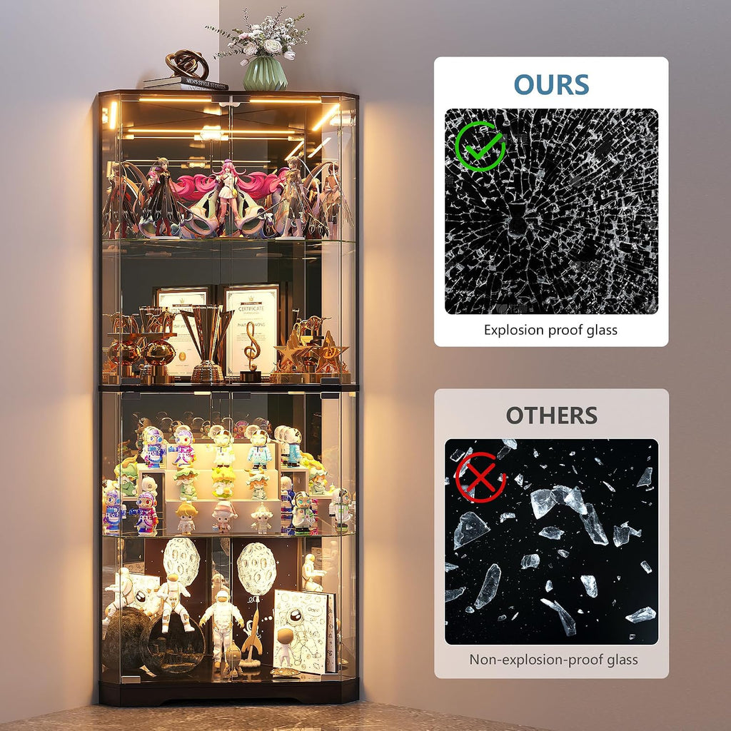 TAGELIER Corner Display Cabinet with Glass Doors, 64.7' Tall Curio Cabinet with RGB Lights for Collectibles, 4-Tier Showcase Display Case with Human Sensor for Toys, Books, Black