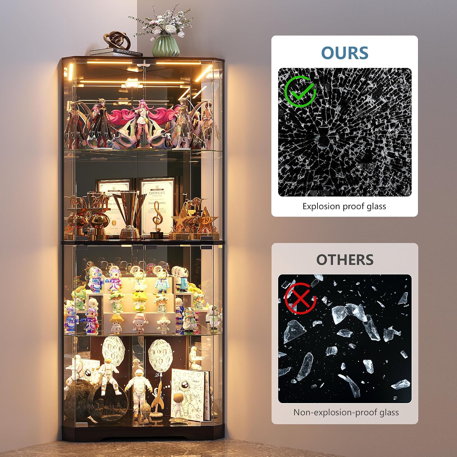 TAGELIER Corner Display Cabinet with Glass Doors, 64.7' Tall Curio Cabinet with RGB Lights for Collectibles, 4-Tier Showcase Display Case with Human Sensor for Toys, Books, Black