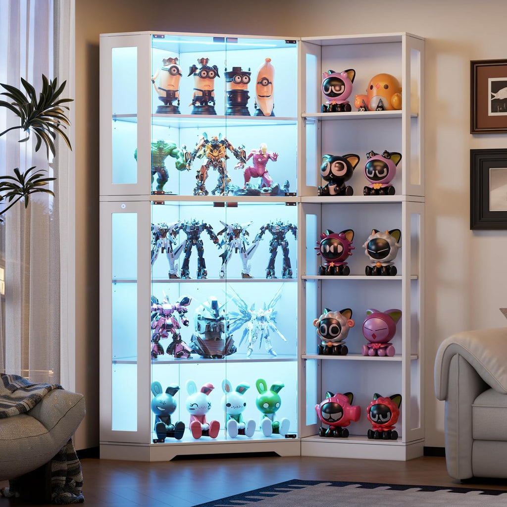 PAKASEPT Corner Display Curio Cabinet with Glass Doors, Glass Display Case with LED Lights for Collectibles,Display Storage Shelves for Living Room,White
