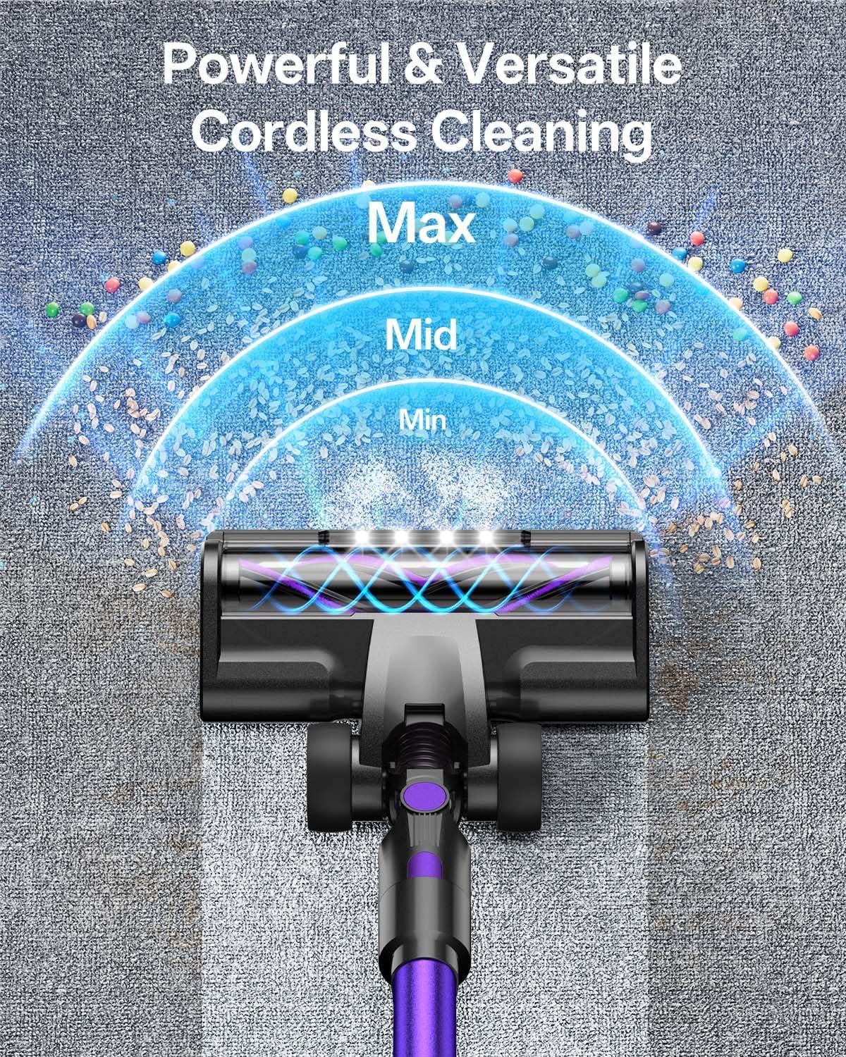Cordless Vacuum Cleaner, 8-in-1 Cordless Stick Vacuum Cleaner with 3 Suction Modes, Up to 45mins Runtime, Rechargeable, Self-Standing, Vacuum Cleaners for Home Pet Hair Carpet Car Hard Floor, Purple