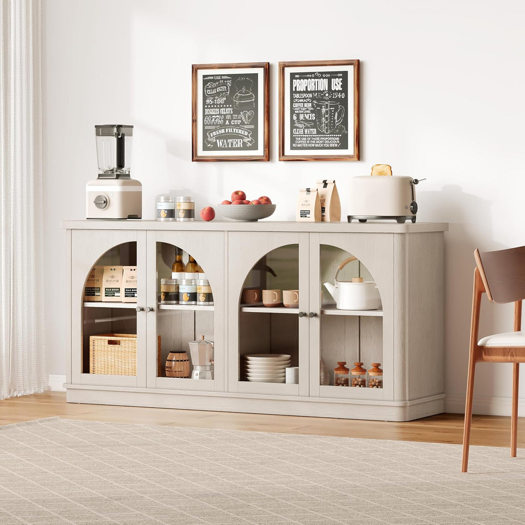 63 Inch Sideboard Buffet Cabinet, Modern Arched Buffet with Glass Doors, Large Curved Cabinets with Storage, Console Credenza w/Adjustable Shelves for Living Room, Kitchen, Entryway, White Oak