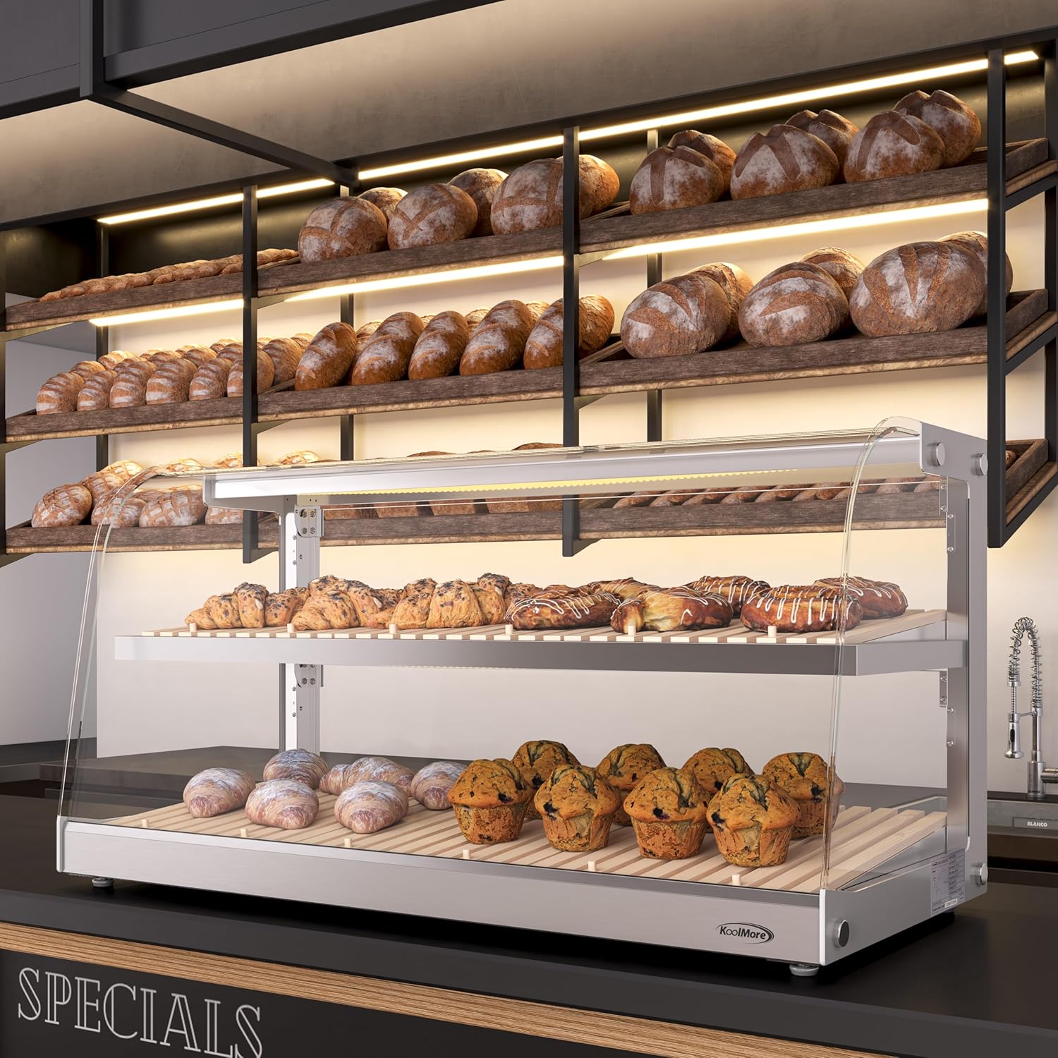 KoolMore 40 in. Glass Countertop Dry Bakery Display Case with Two Shelves and Bamboo Trays (DC-53C-B)