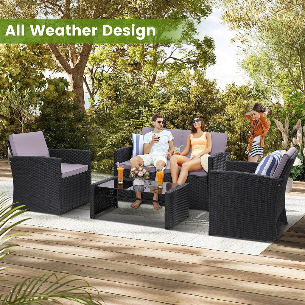 KROFEM 4-Piece Patio Furniture Set, Wicker Outdoor Rattan Sectional Sofa with Cushions and Glass Table, All-Weather Outdoor Conversation Set for Garden, Porch, Backyard, Patio, Black and Grey