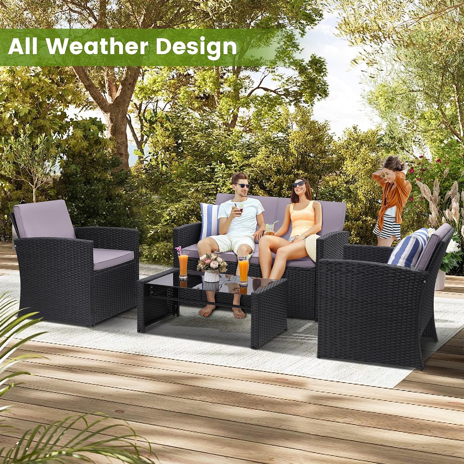 KROFEM 4-Piece Patio Furniture Set, Wicker Outdoor Rattan Sectional Sofa with Cushions and Glass Table, All-Weather Outdoor Conversation Set for Garden, Porch, Backyard, Patio, Black and Grey