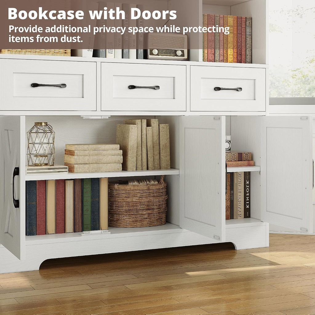 IRONCK Bookshelf with Drawers & Doors, Tall Bookshelf with Storage, Bookcase with Cabinets for Home Office, Living Room, White