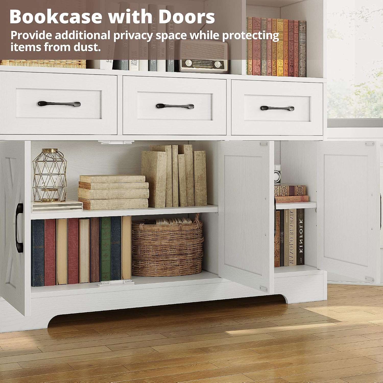 IRONCK Bookshelf with Drawers & Doors, Tall Bookshelf with Storage, Bookcase with Cabinets for Home Office, Living Room, White