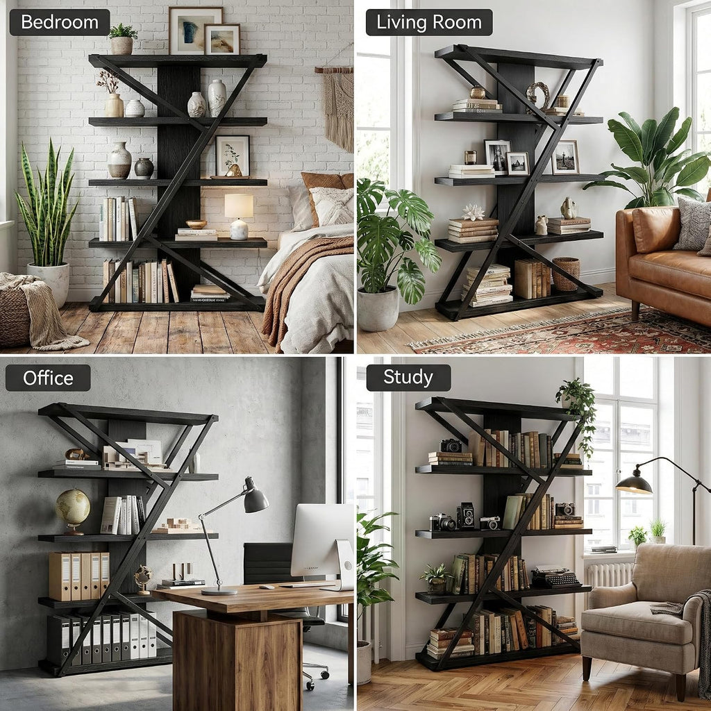 FUSUNBAO Industrial Bookshelf, Vintage 5-Tier Tall Bookcase with Wood and Metal Frame, Rustic Large Display Shelf for Home Office, 67' H x 47' L x 12' W, Black