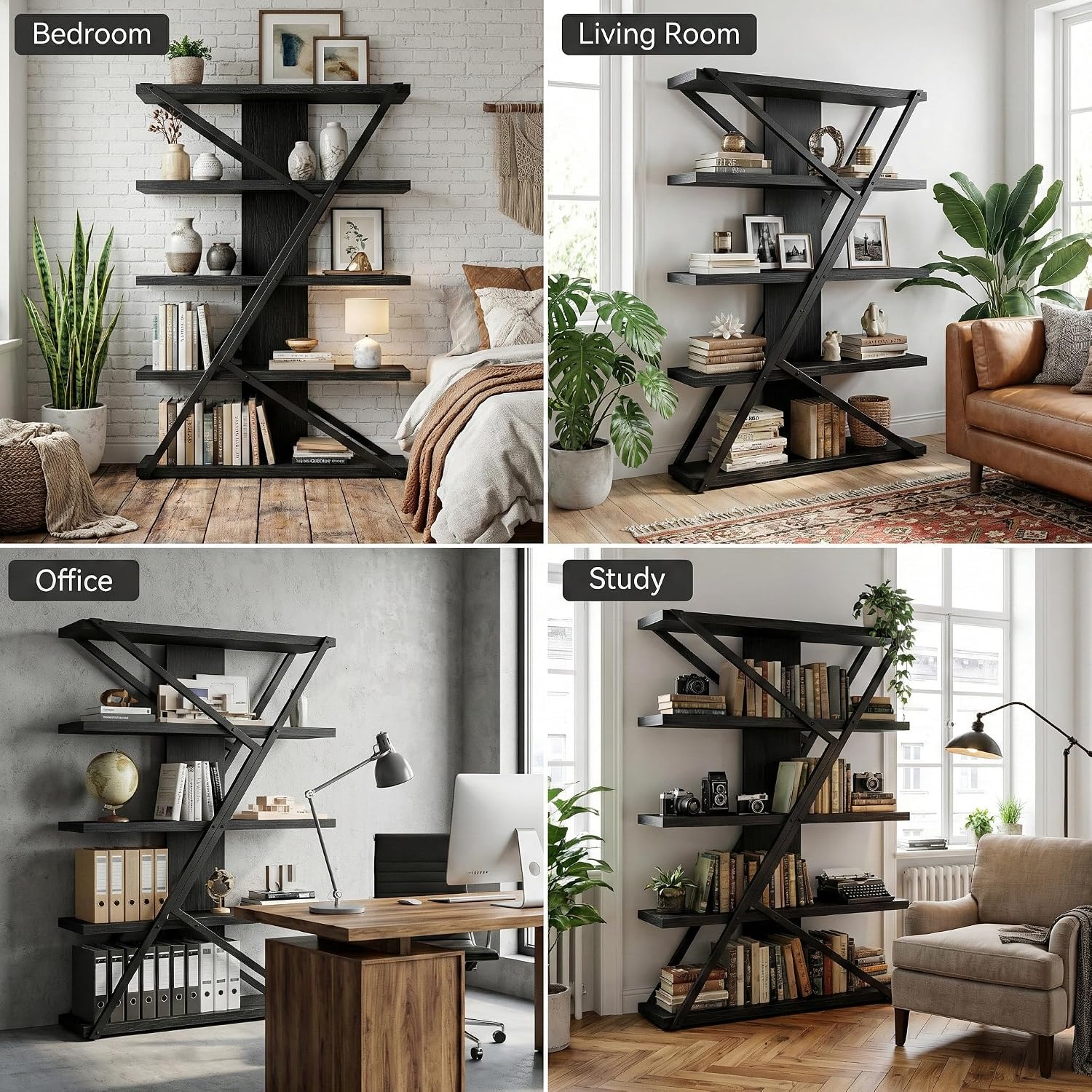 FUSUNBAO Industrial Bookshelf, Vintage 5-Tier Tall Bookcase with Wood and Metal Frame, Rustic Large Display Shelf for Home Office, 67' H x 47' L x 12' W, Black