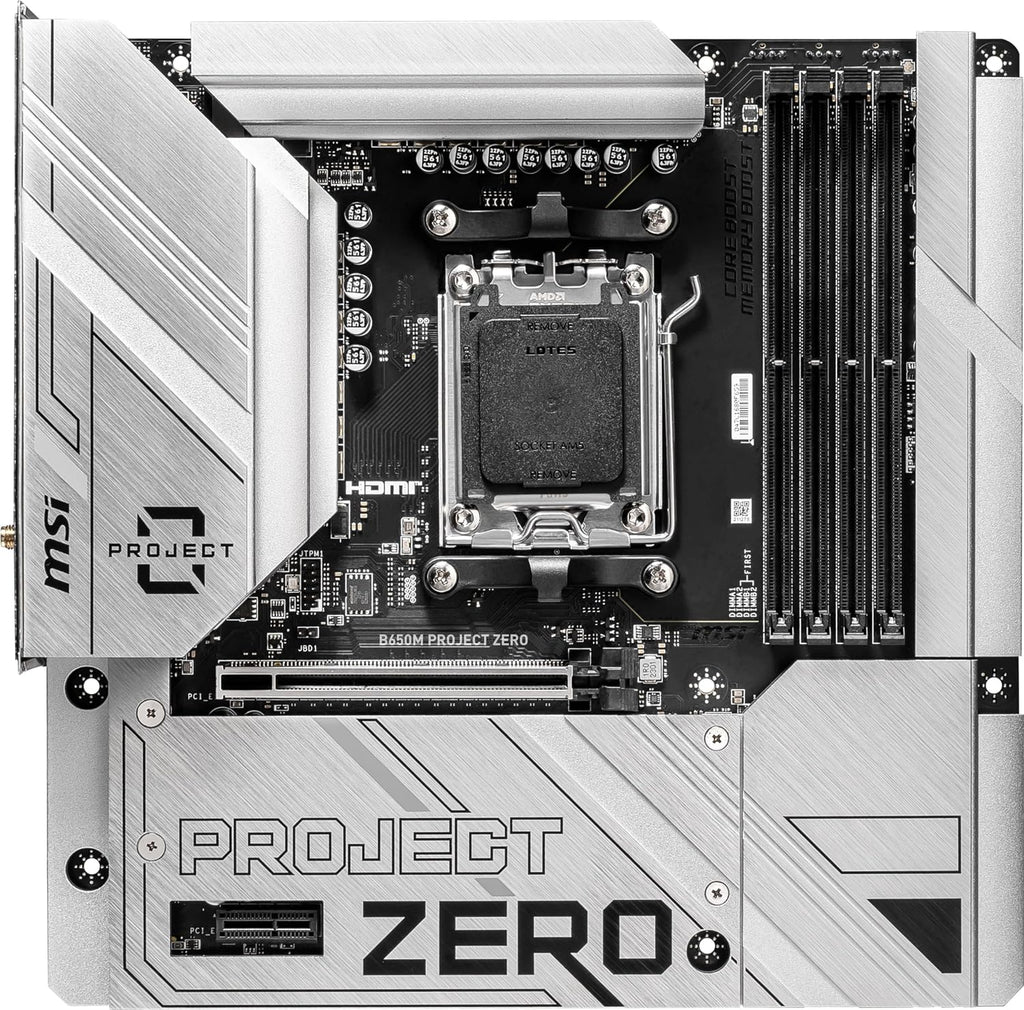 MSI B650M Project Zero Gaming Motherboard (AMD Ryzen 9000/8000/7000 Series Processors, AM5, DDR5, PCIe 4.0, M.2 Slots, SATA 6Gb/s, USB 3.2 Gen 2, HDMI/DP, Wi-Fi 6E, Bluetooth 5.3, 2.5Gbps LAN, mATX)
