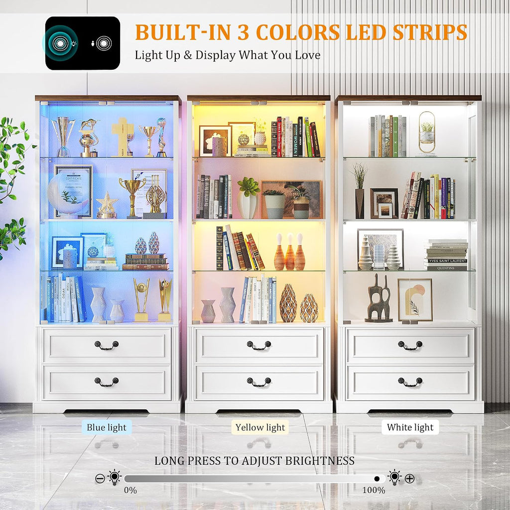 FREDEES Display Cabinet with Glass Doors,67' Adjustable Display Shelf with 2 Drawers and 4 Tier Curio Cabinet,Tall Bookcase with 3 Color Lights and Human Body Sensor for Toys,Books（White）