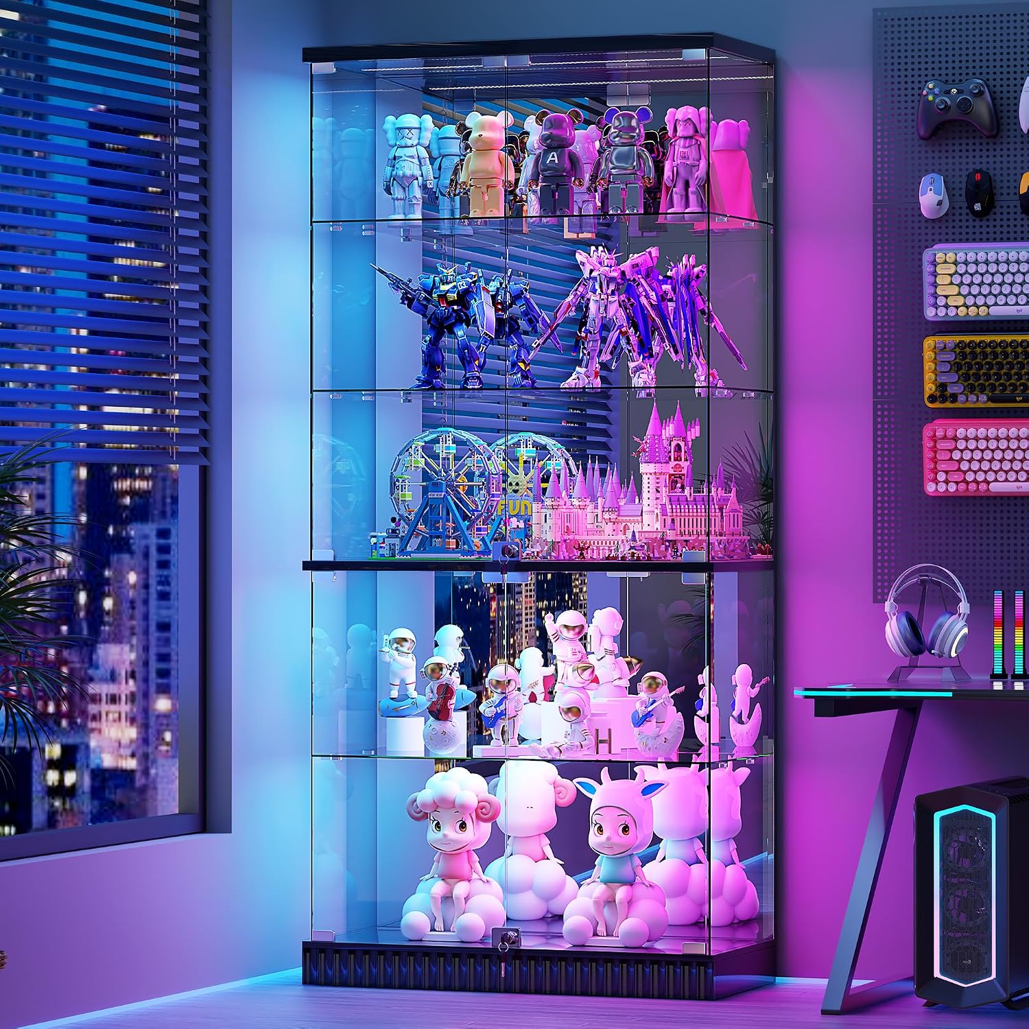 RGB Glass Display Cabinet with Lights, Modern Curio Cabinet Display Cases for Collectibles, Locking Showcase Cabinet with 5-Tier Shelves, Tall Bookcase w/ Human Body Sensor for Living Room (Black)
