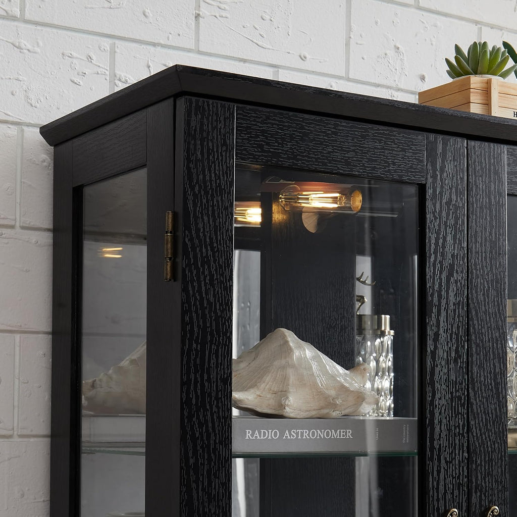 3-Tier Lighted Glass Curio Display Cabinet, 47' H Glass Accent Storage Cabinet with Adjustable Shelves & 1 Drawer, Wooden Wine Display Case with Mirrored Back Panel for Living Room (Black)