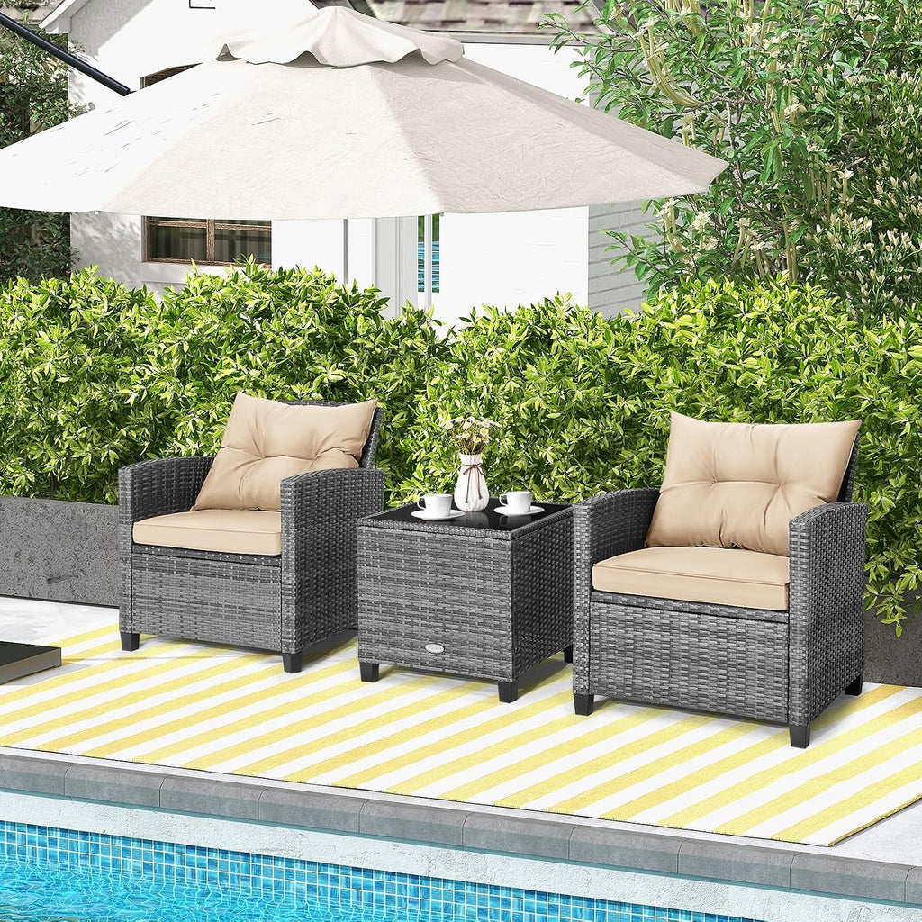 Tangkula 3 Pieces Wicker Patio Furniture Set, Outdoor Rattan Conversation Cushioned Chair Set with Tempered Glass Side Table, for Porch, Balcony and Garden