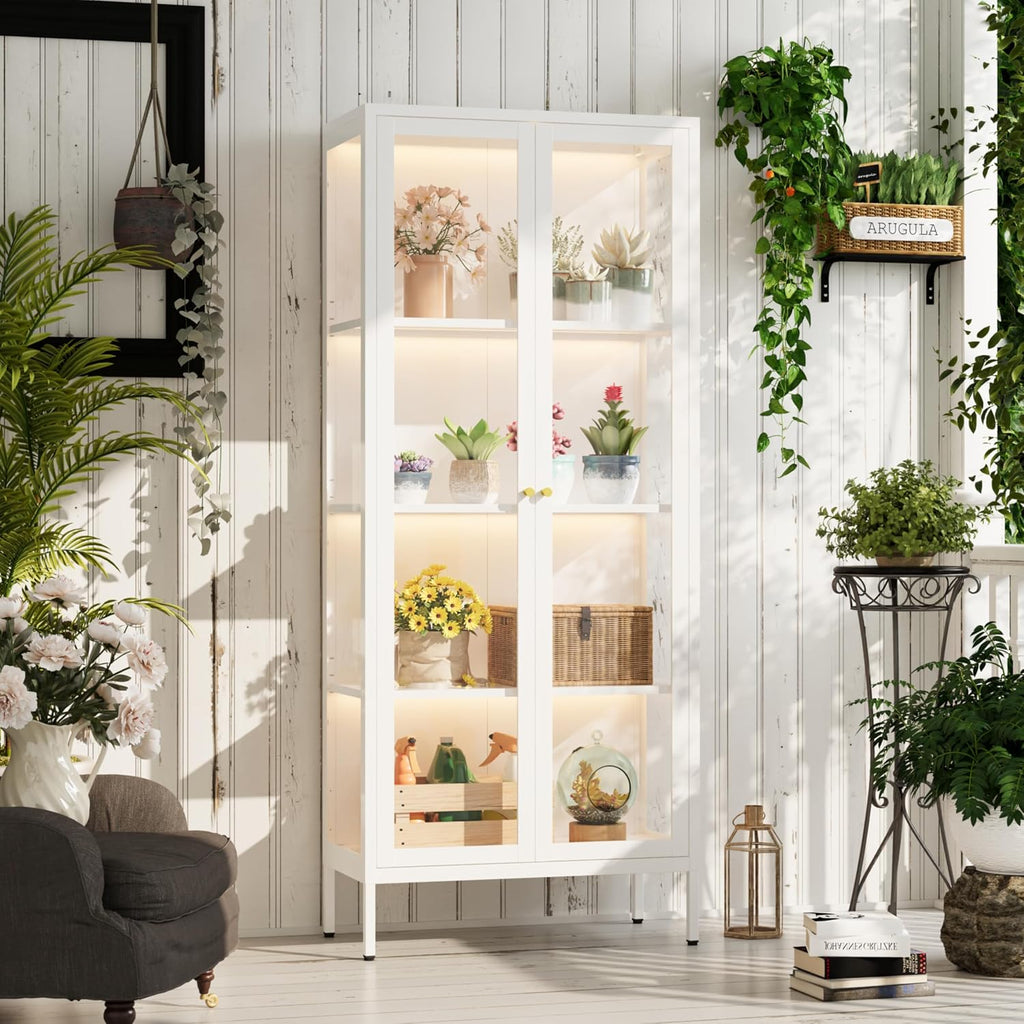 UNICOLY Display Cabinet with Glass Doors, Glass Display Cabinet with 3 Color LED Lights, Curio Display Cabinet with 3 Shelves for Living Room & Plant, Display Shelf, Assembly Required, White