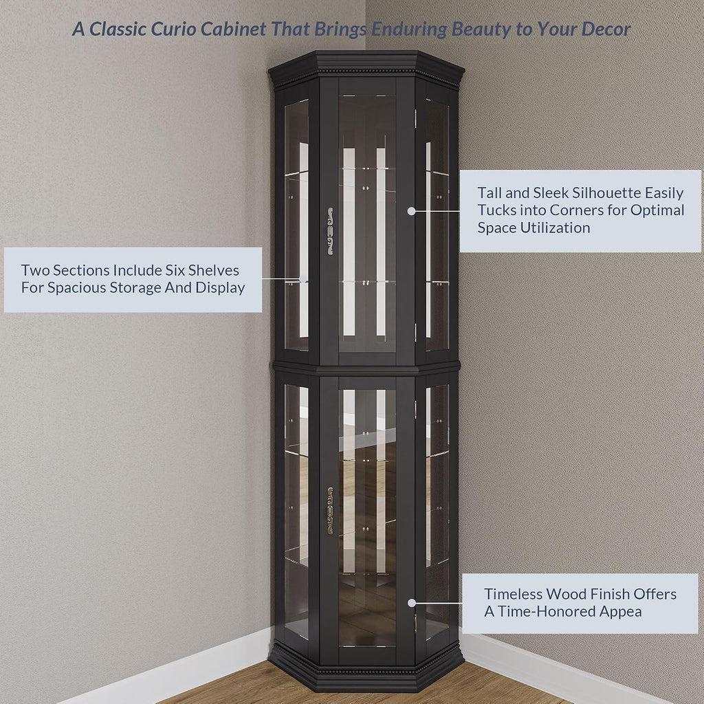 BELLEZE Lighted 3-Side Glass Display Curio Cabinet w/Tempered Glass Doors & Shelves, Accent Wooden Corner Cabinet with Bulb, Corner Storage Decoration Rack for Living Room & Bed-Room Corona (Black)