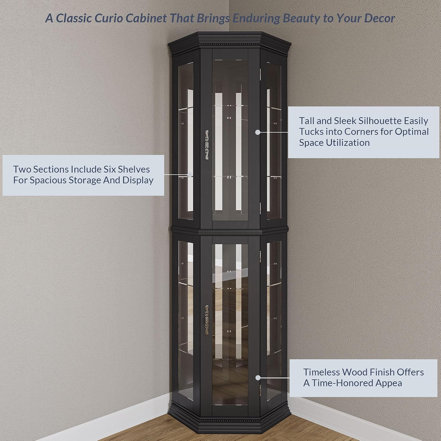 BELLEZE Lighted 3-Side Glass Display Curio Cabinet w/Tempered Glass Doors & Shelves, Accent Wooden Corner Cabinet with Bulb, Corner Storage Decoration Rack for Living Room & Bed-Room Corona (Black)