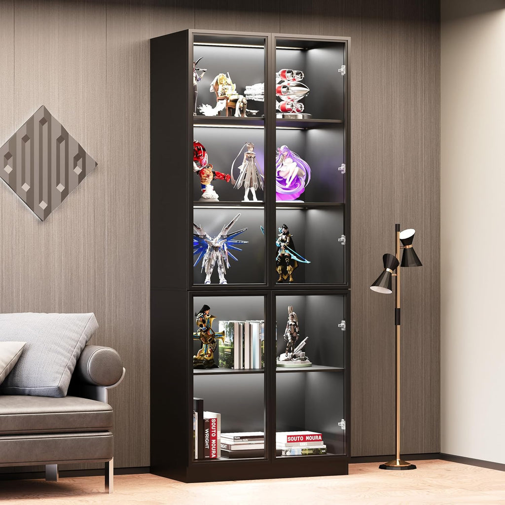 Wildhome Wooden Display Storage Cabinet with Glass Door, LED Lights,Showcase for Collections, Perfume, Vinyl Albums, Bookcase for Home Office, Living Room, Clinic, Pantry (5 Layers-Black)