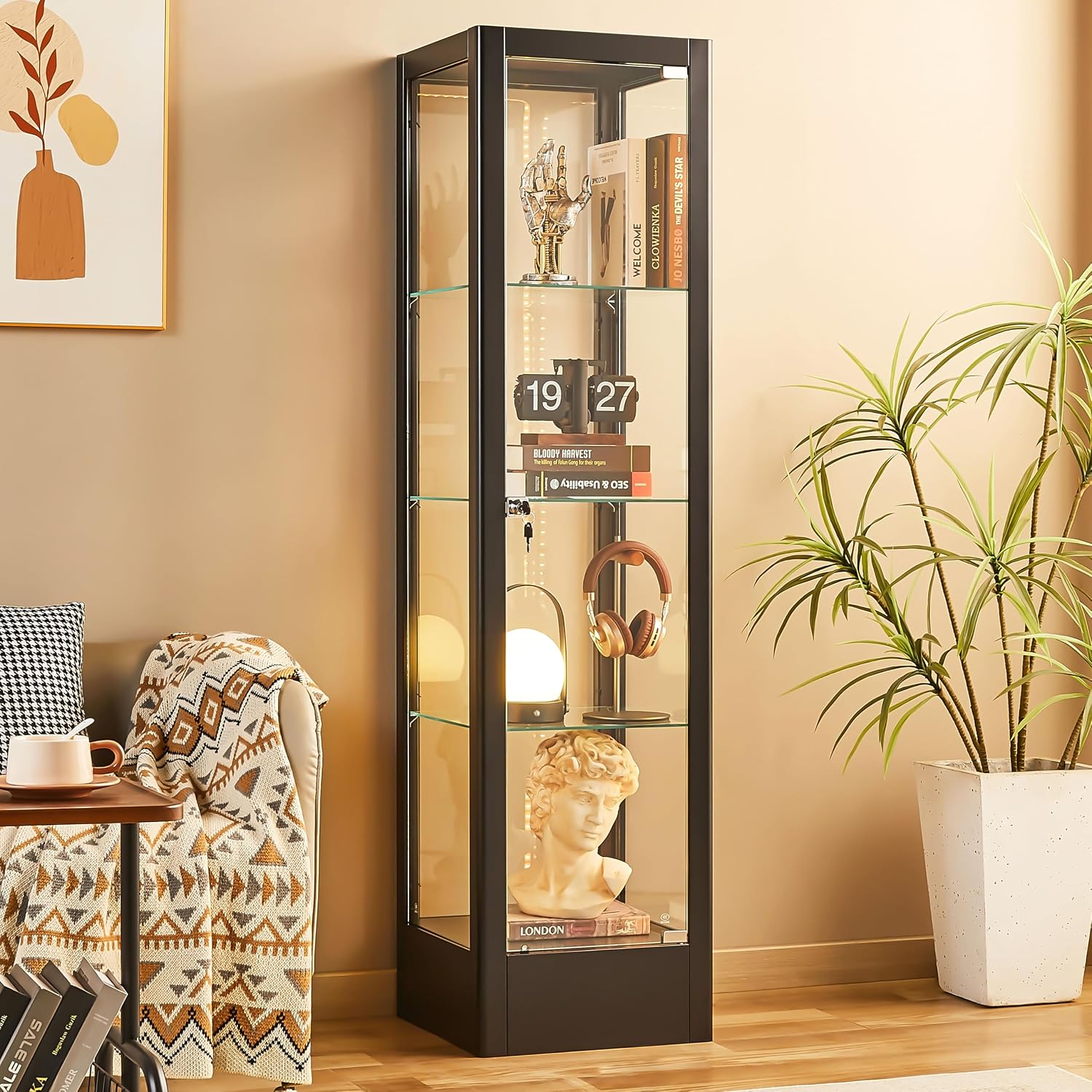 BECHAEO Glass Display Cabinet with 12 Color Lights and Lock, 4-Tier Curio Cabinet with Tempered Glass Door, Adjustable Shelves, 63' Metal Display Case for Collectibles Living Room, Black