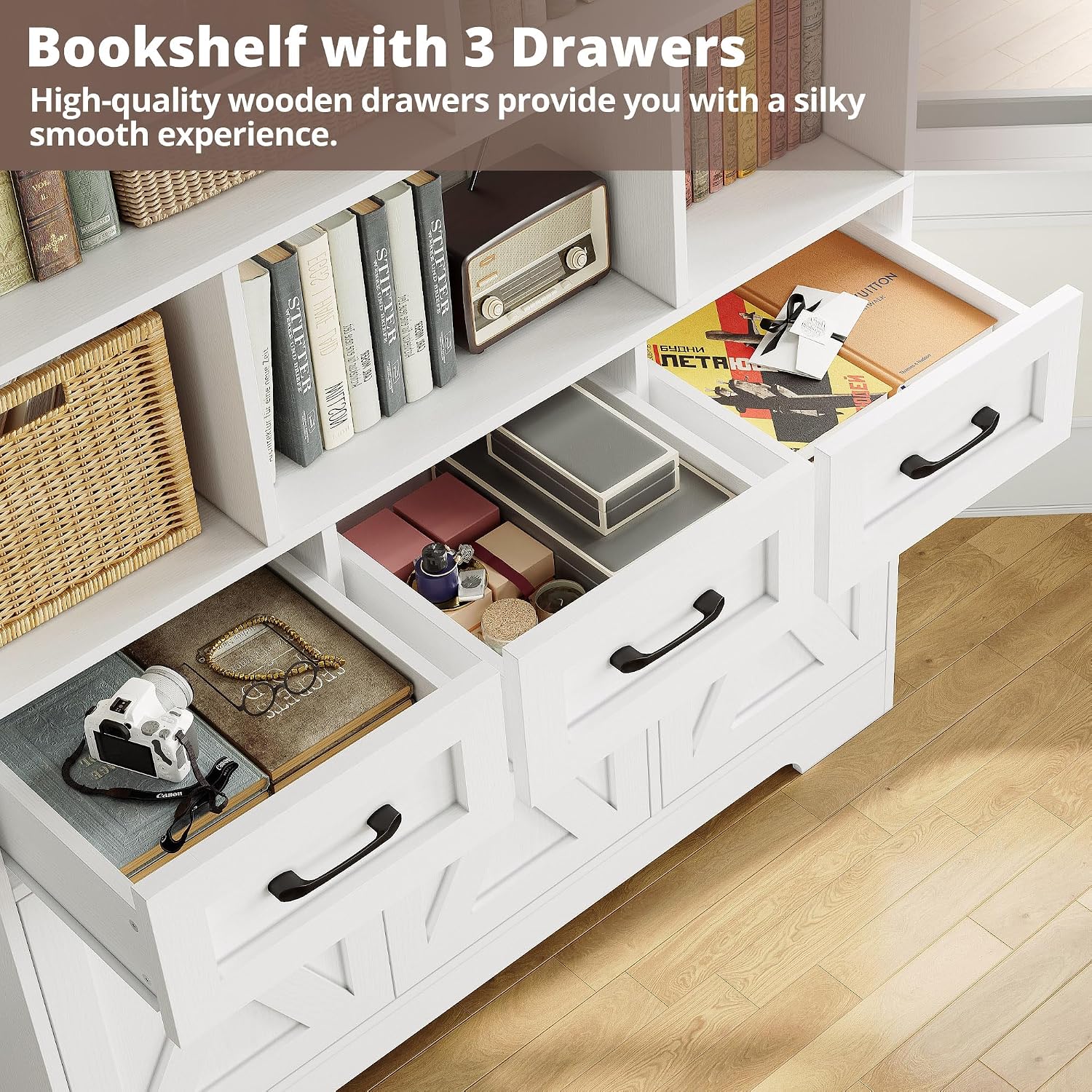 IRONCK Bookshelf with Drawers & Doors, Tall Bookshelf with Storage, Bookcase with Cabinets for Home Office, Living Room, White