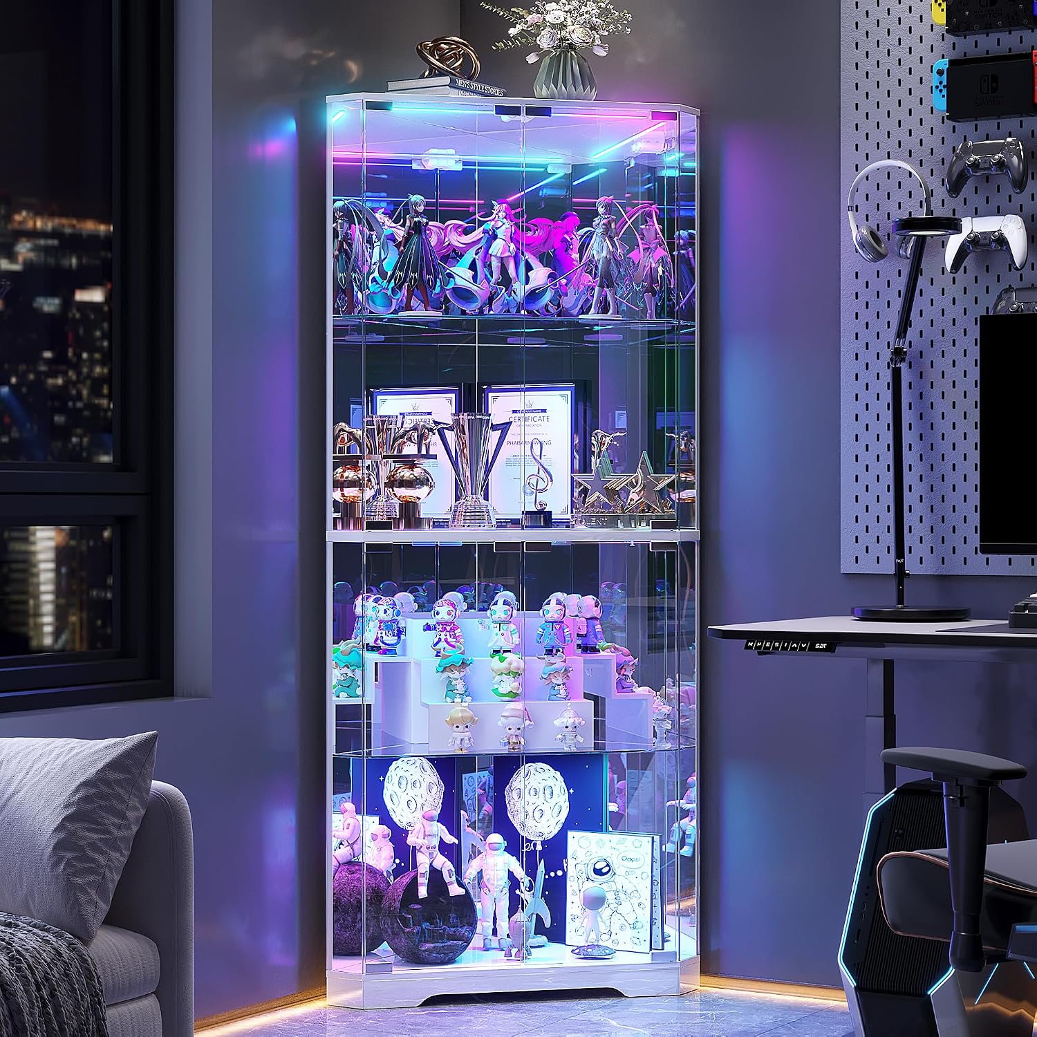 TAGELIER Corner Display Cabinet with Glass Doors, 64.7' Tall Curio Cabinet with RGB Lights for Collectibles, 4-Tier Showcase Display Case with Human Sensor for Toys, Books, White