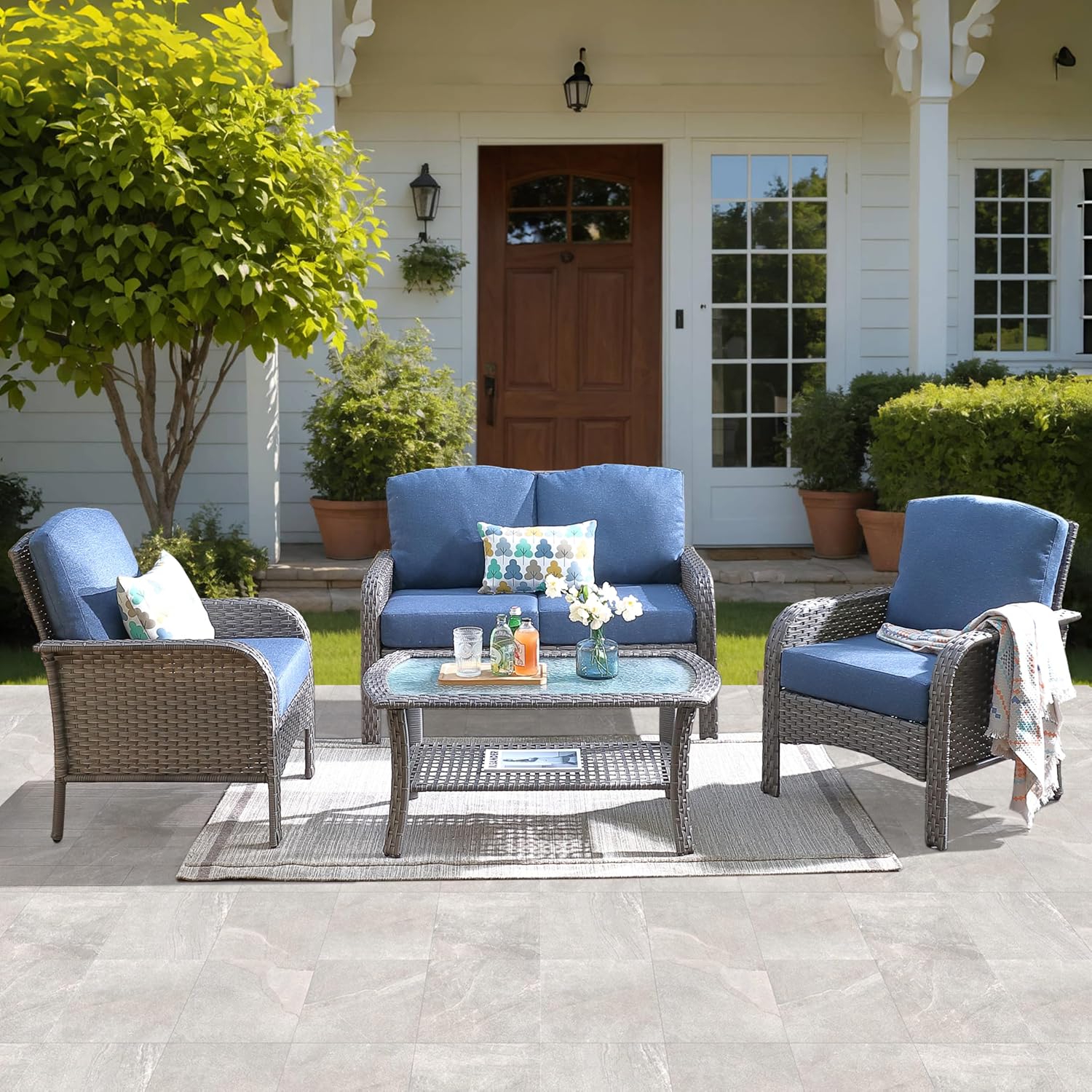 ovios 4-Piece Patio Furniture Set, Outdoor Wicker Sofa with Chairs Coffee Table, High Back Rattan Couch Loveseat with Comfy Cushions for Porch Yard Deck, Denim Blue