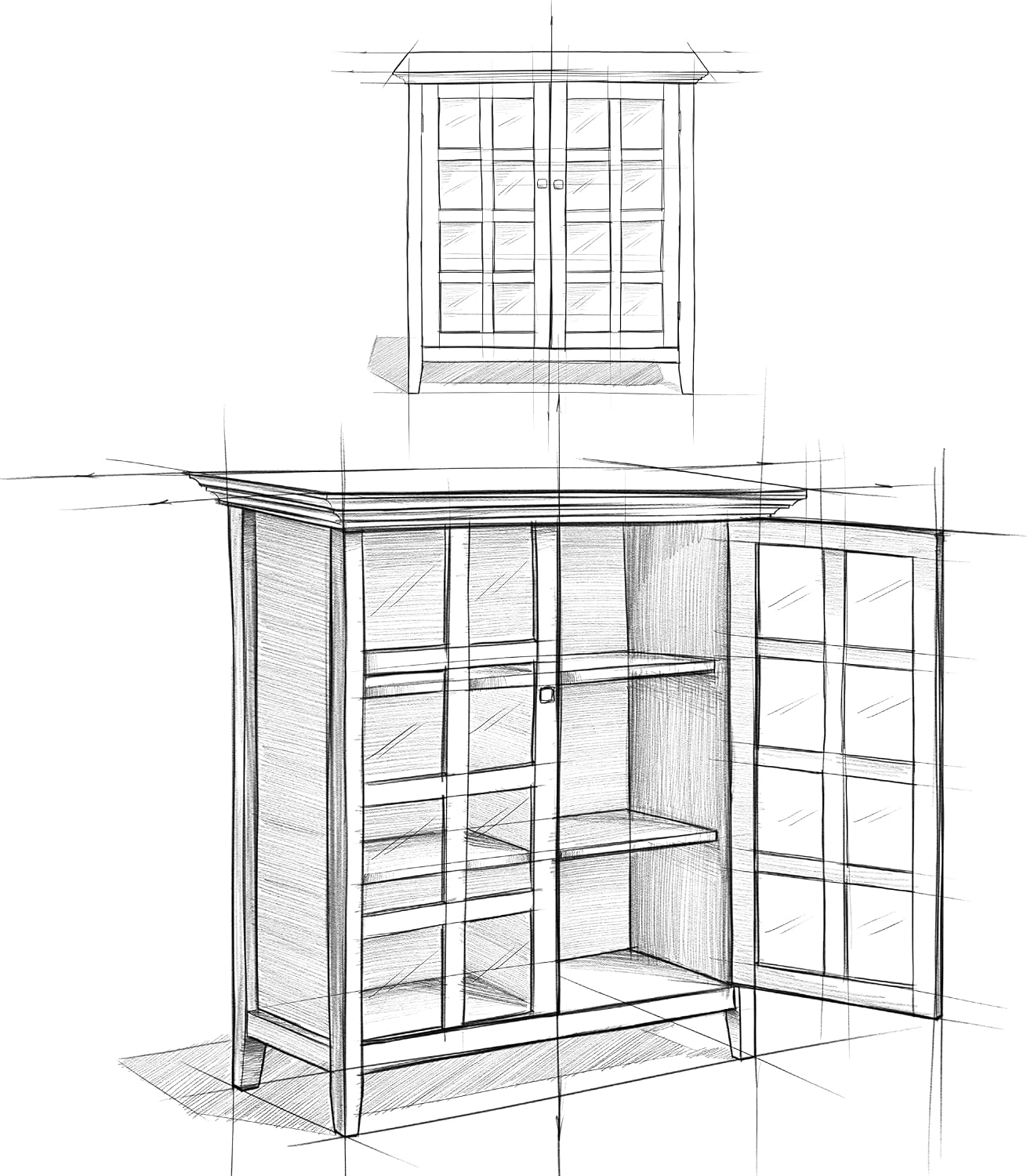 SIMPLIHOME Acadian Storage Cabinet - 39 inch Wide Solid Wood 4-Shelf Display Cabinet in Distressed Grey, Transitional Cupboard for Living Room or Dining Room with Glass Doors and Adjustable Shelves