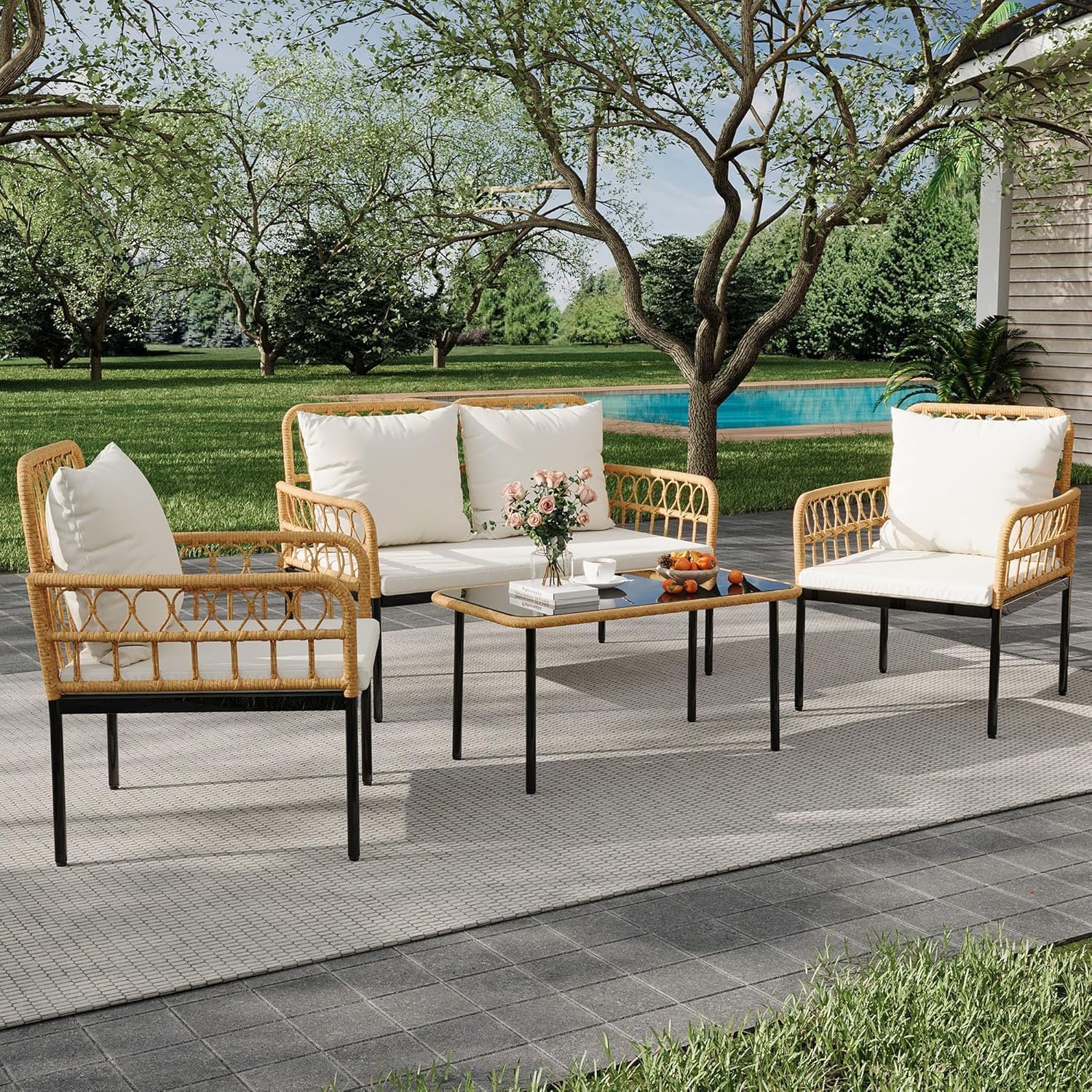 4-Piece All-Weather Rattan Bistro Patio Furniture Set with Deep Seating, Waterproof Thick Cushions, Soft Cushions, and Metal Coffee Table - Ideal for Garden and Porch Outdoor Relaxation