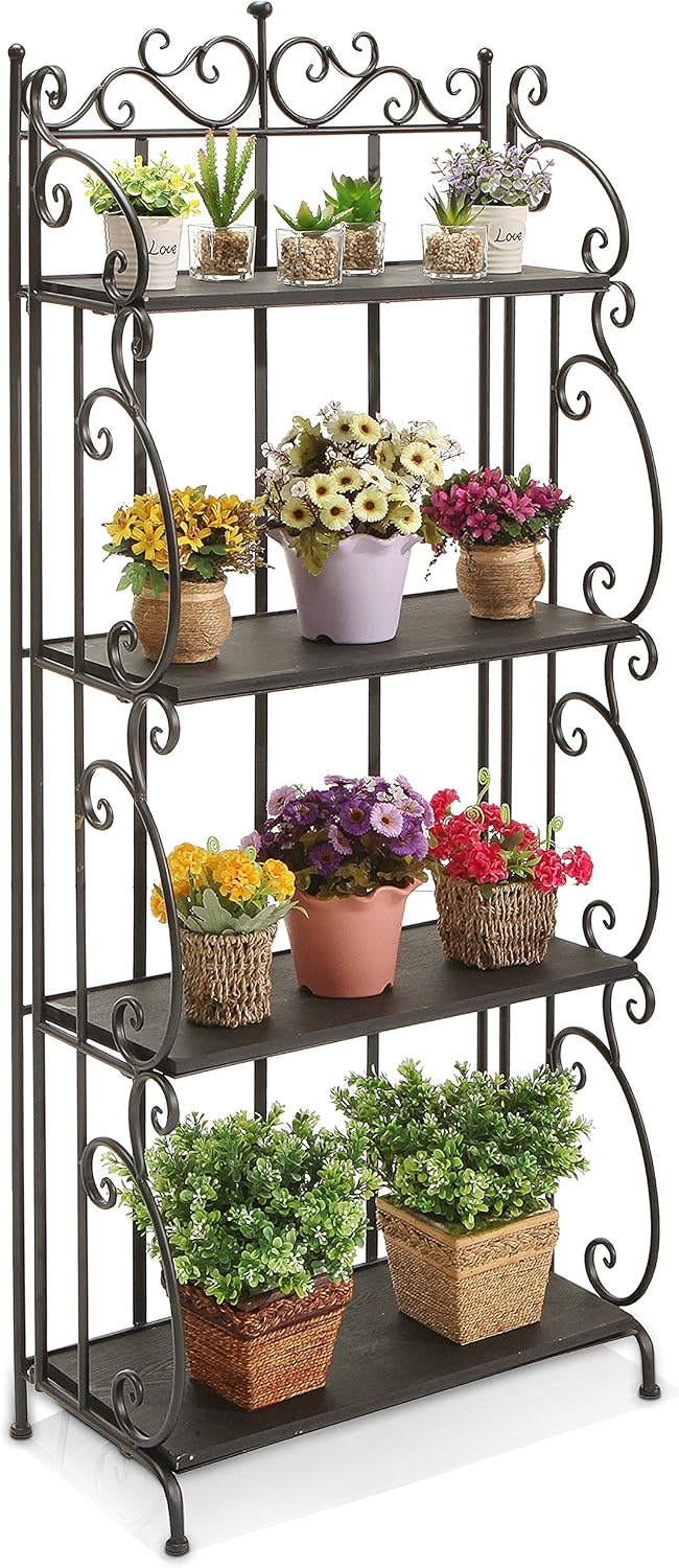 MyGift Black Metal Freestanding Shelf Rack, Decorative Bakers Rack Bookshelf Storage Shelf Unit with Metal Scrollwork Frame, Indoor Plant Pot Display Stand with 4 Wood Shelves